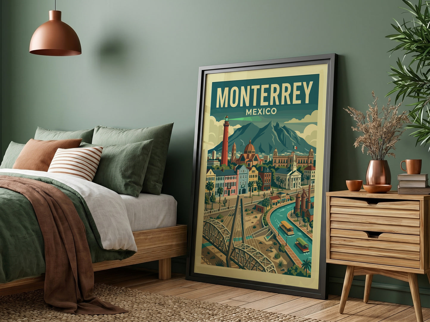 Monterrey, Mexico travel poster featuring a cityscape with a red lighthouse, bridge, and mountains in a retro