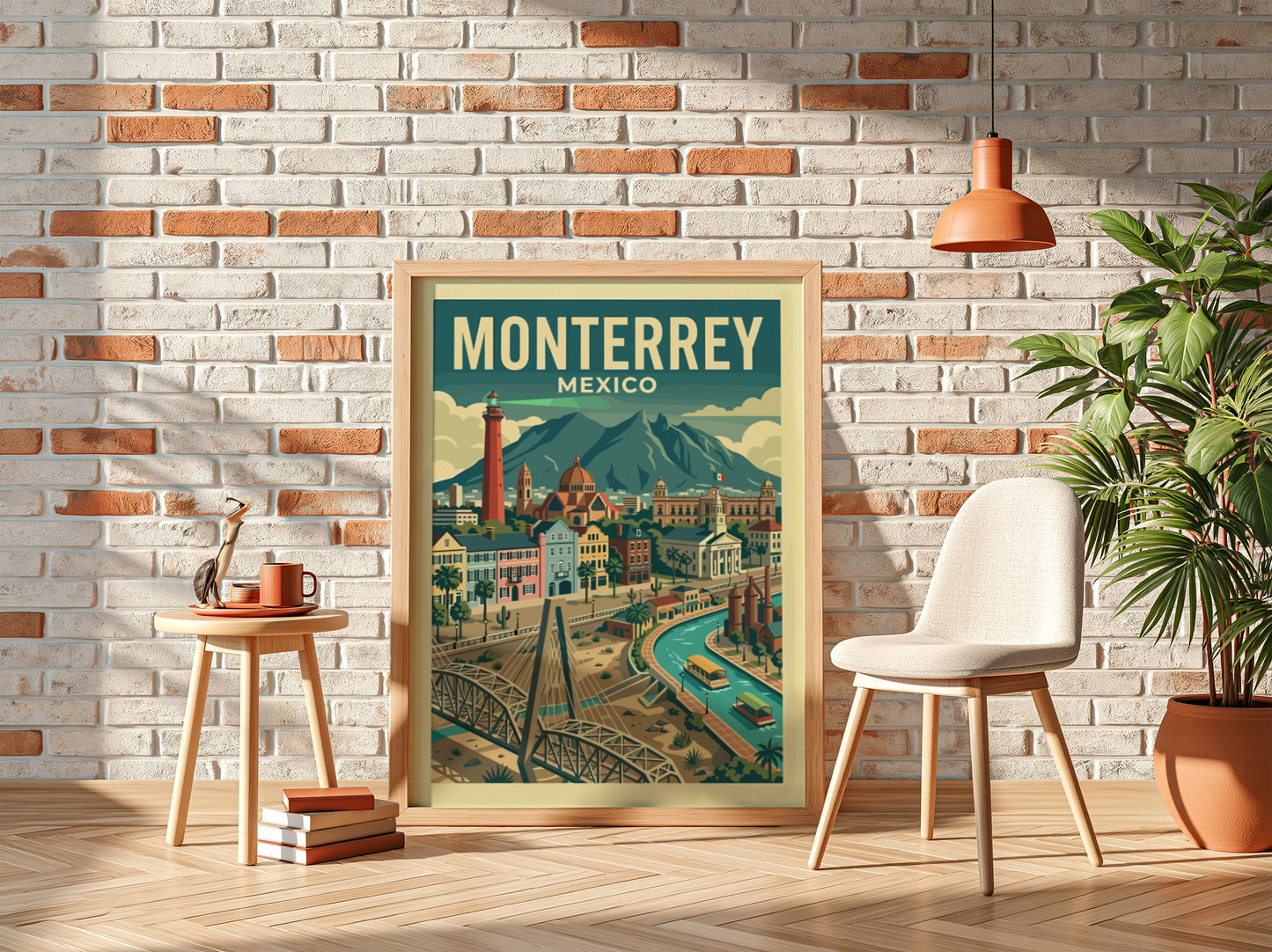 Monterrey, Mexico travel poster featuring a cityscape with a red lighthouse, bridge, and mountains in a retro