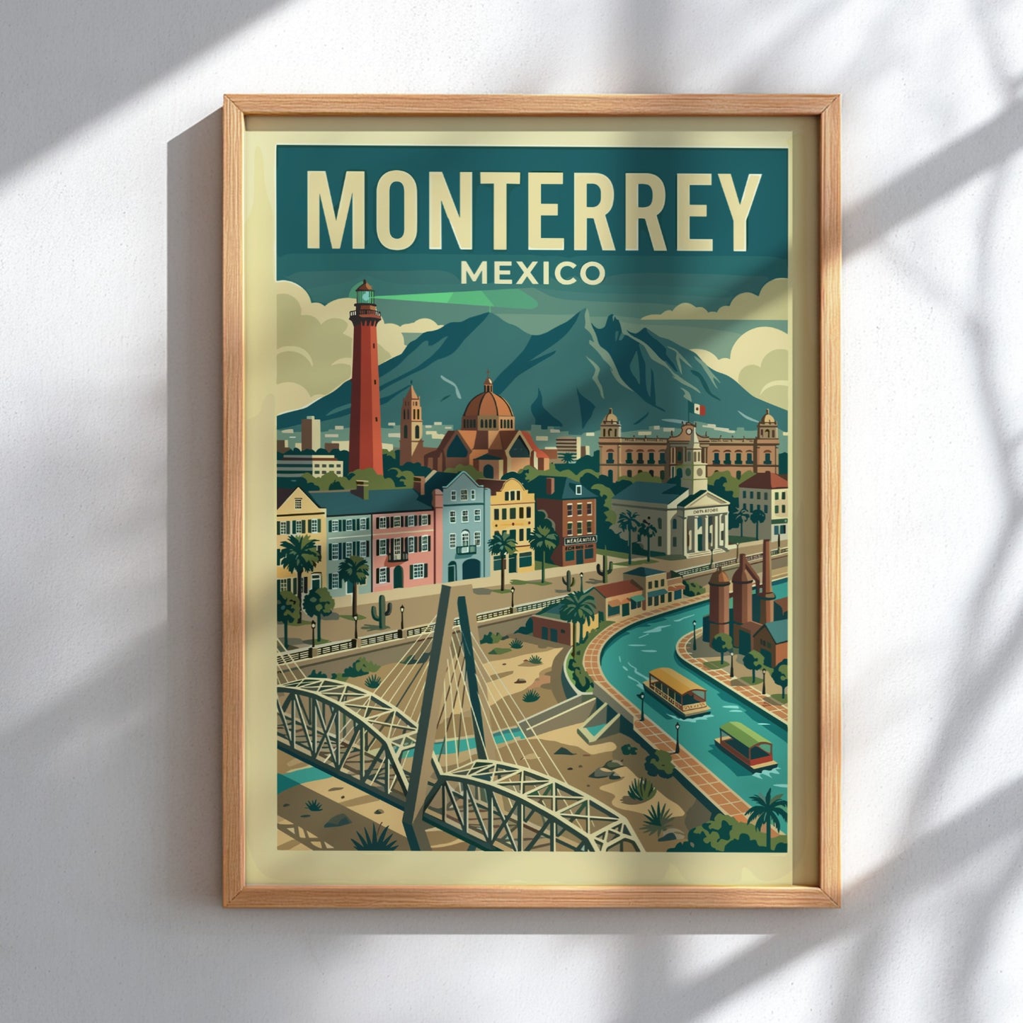 Monterrey, Mexico travel poster featuring a cityscape with a red lighthouse, bridge, and mountains in a retro