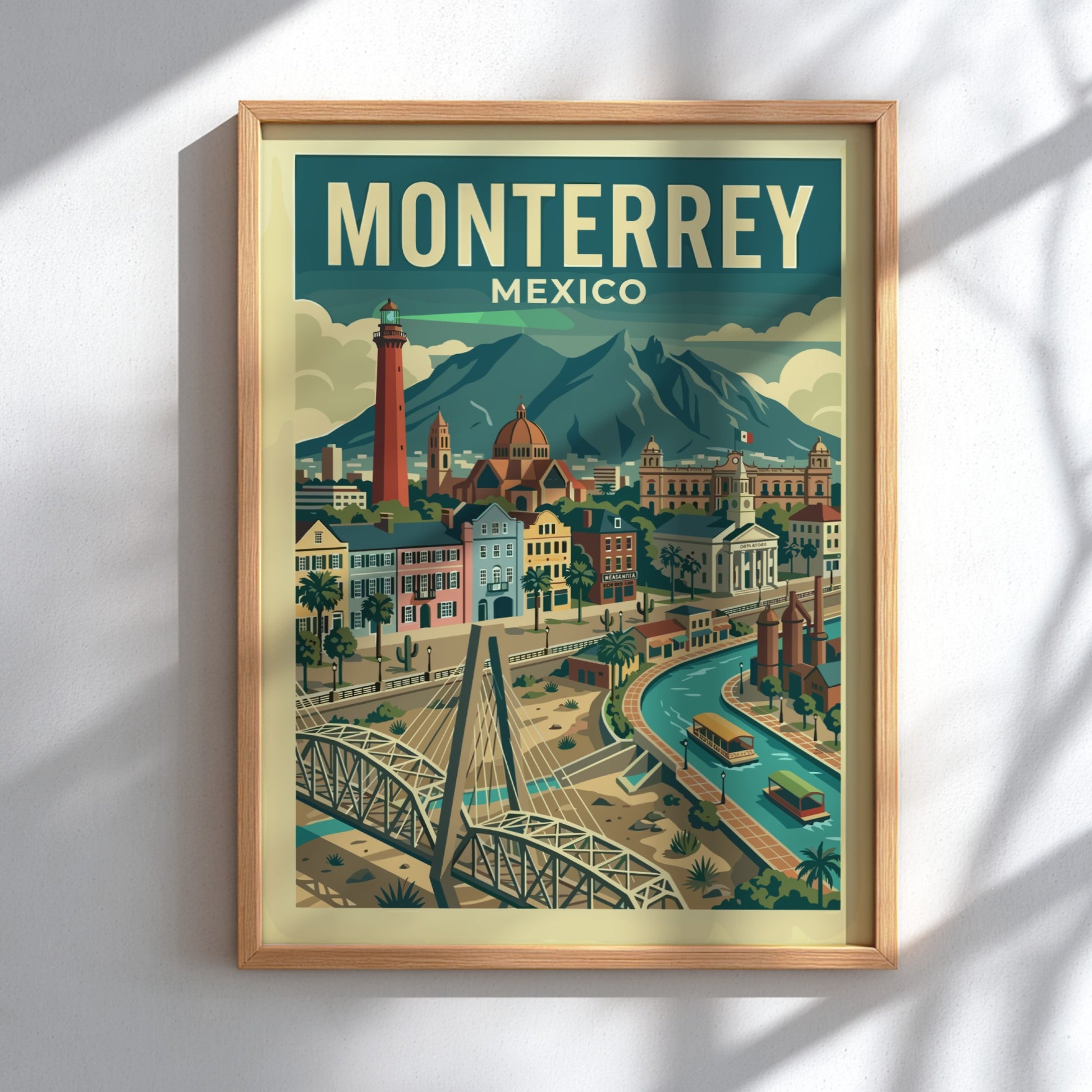 Monterrey, Mexico travel poster featuring a cityscape with a red lighthouse, bridge, and mountains in a retro