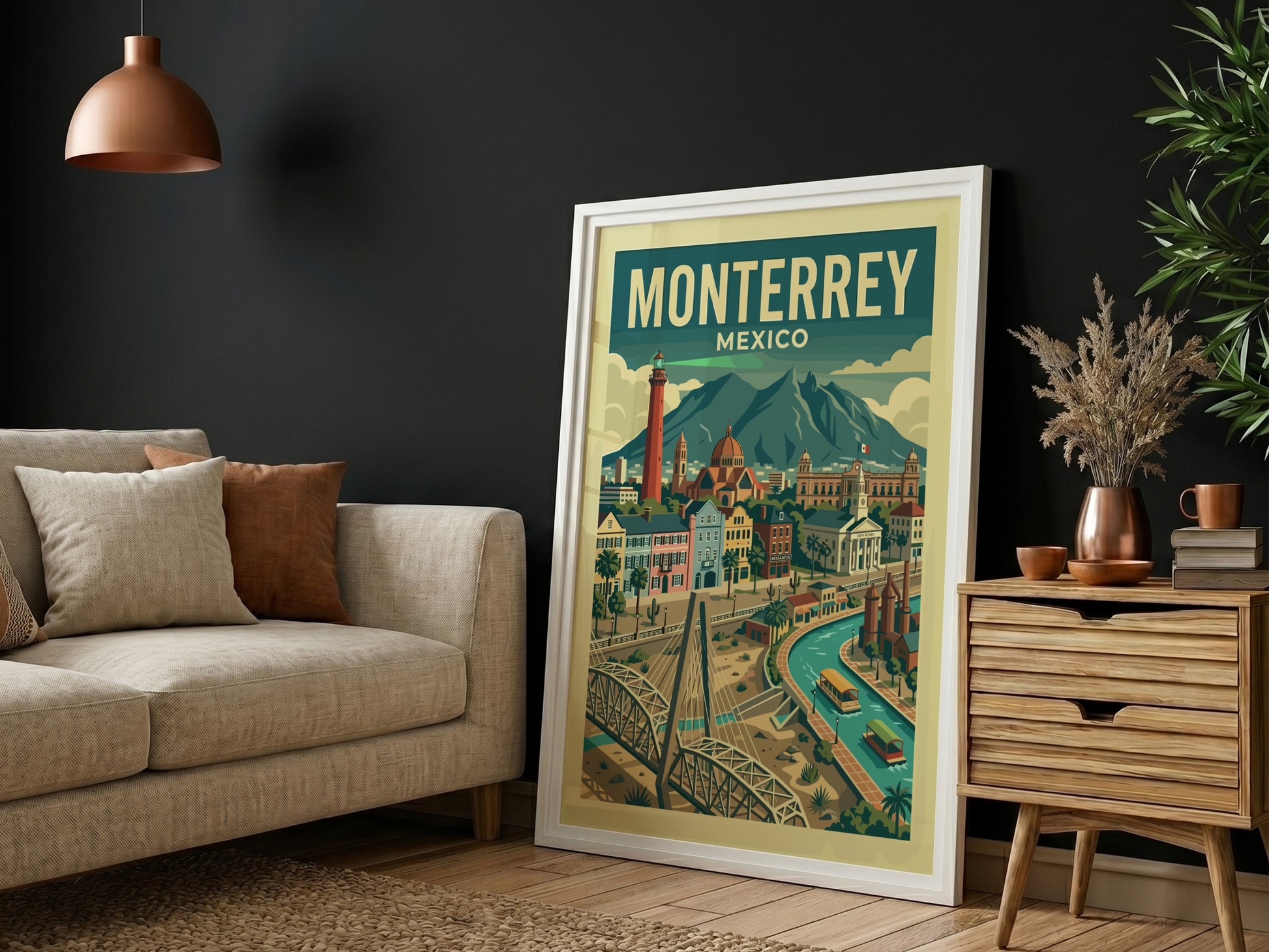 Monterrey, Mexico travel poster featuring a cityscape with a red lighthouse, bridge, and mountains in a retro