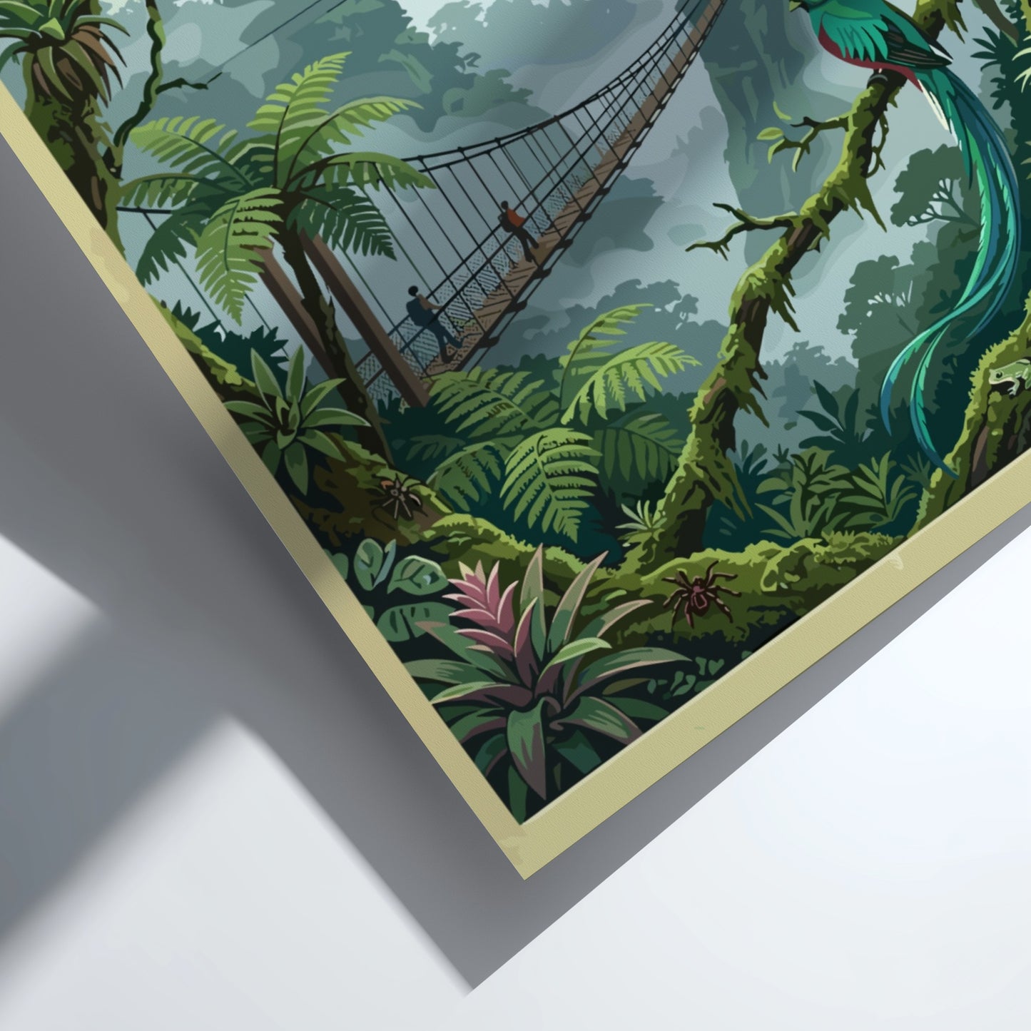 Travel poster featuring the Monteverde Cloud Forest Reserve with a quetzal and bridge.