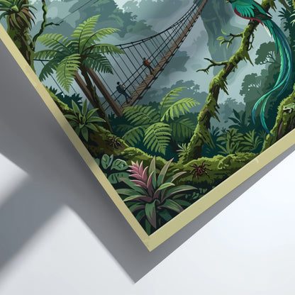 Travel poster featuring the Monteverde Cloud Forest Reserve with a quetzal and bridge.