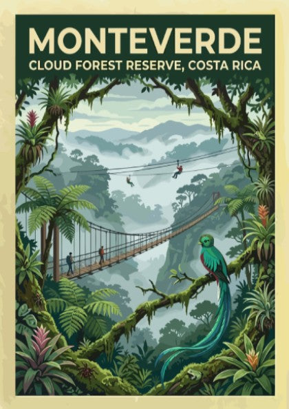 Travel poster featuring the Monteverde Cloud Forest Reserve with a quetzal and bridge.