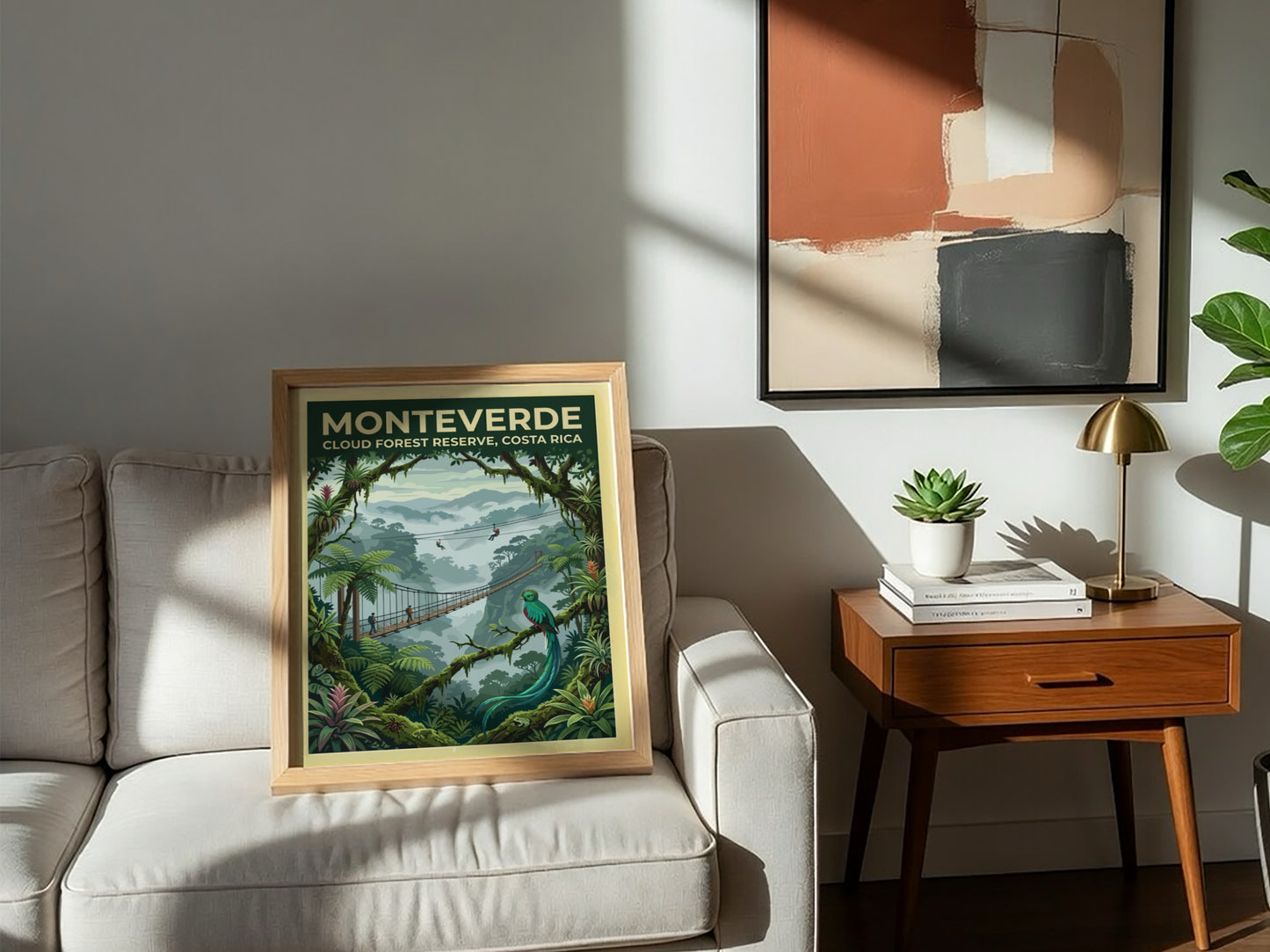 Travel poster featuring the Monteverde Cloud Forest Reserve with a quetzal and bridge.