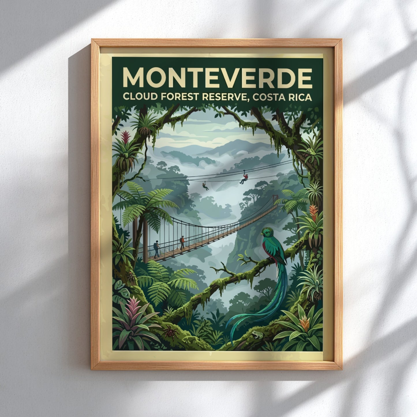 Travel poster featuring the Monteverde Cloud Forest Reserve with a quetzal and bridge.