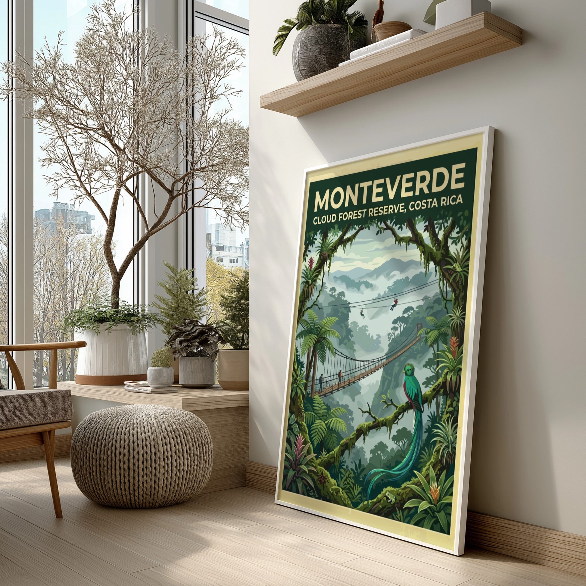 Travel poster featuring the Monteverde Cloud Forest Reserve with a quetzal and bridge.