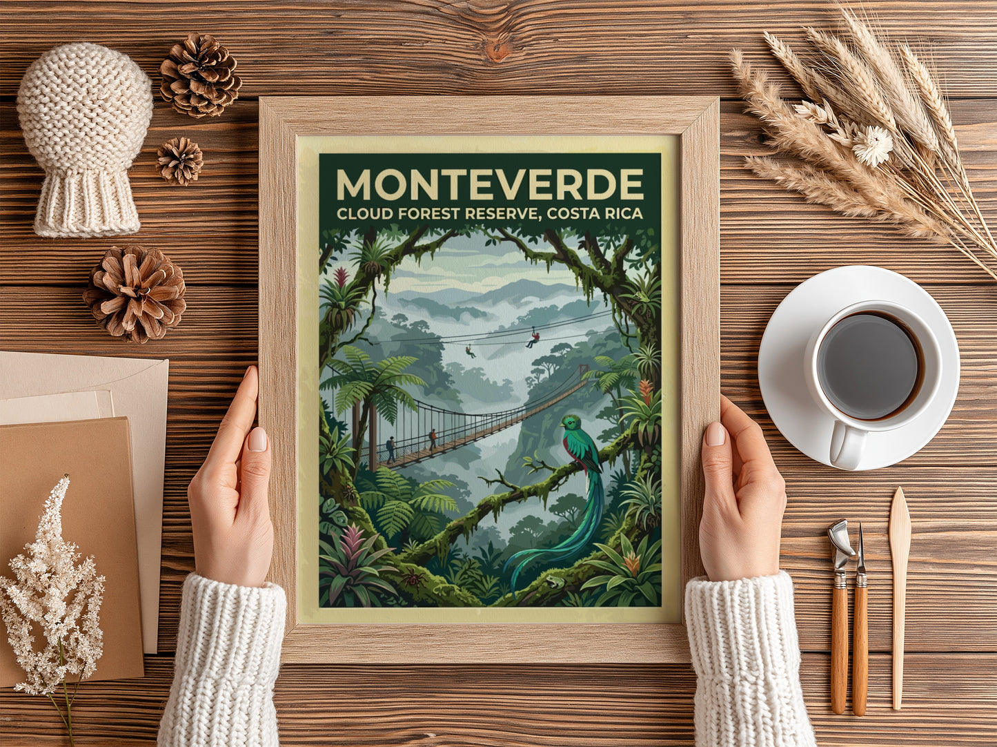 Travel poster featuring the Monteverde Cloud Forest Reserve with a quetzal and bridge.
