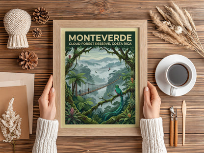 Travel poster featuring the Monteverde Cloud Forest Reserve with a quetzal and bridge.