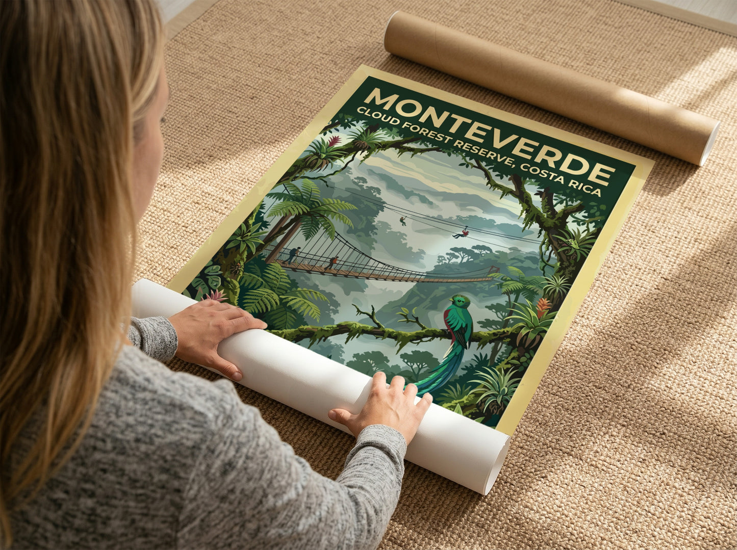 Travel poster featuring the Monteverde Cloud Forest Reserve with a quetzal and bridge.