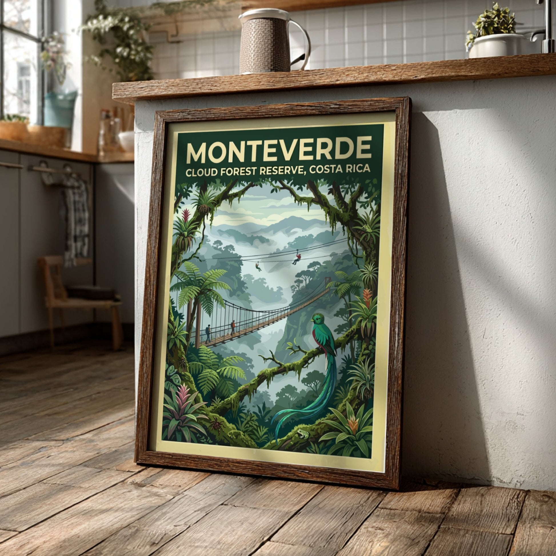Travel poster featuring the Monteverde Cloud Forest Reserve with a quetzal and bridge.