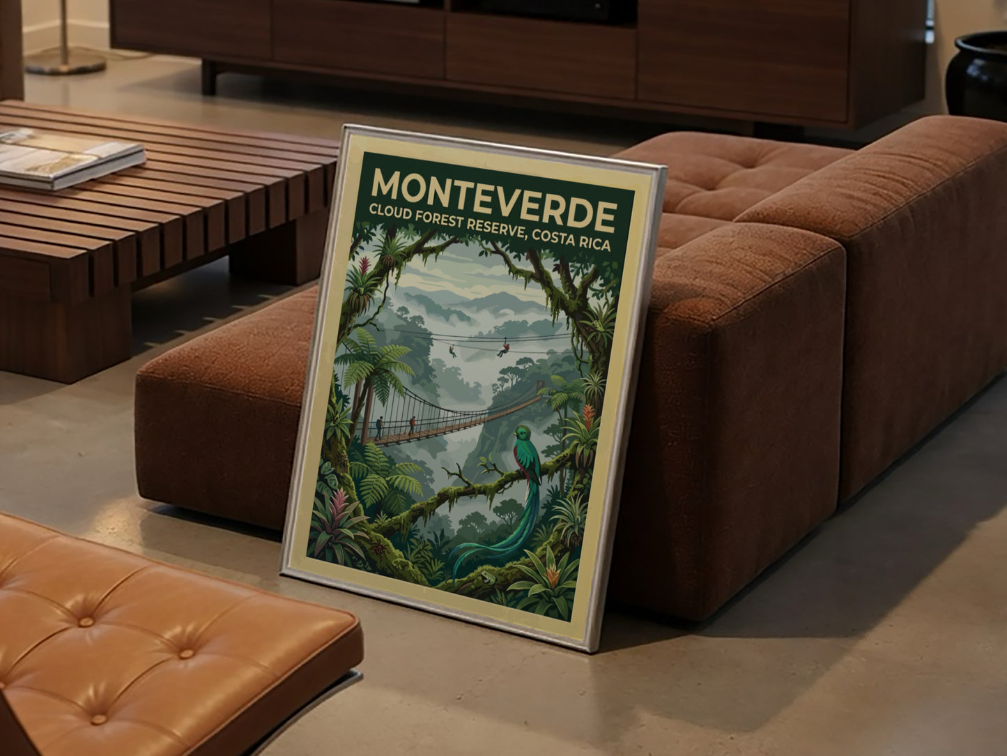 Travel poster featuring the Monteverde Cloud Forest Reserve with a quetzal and bridge.