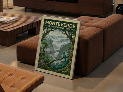 Travel poster featuring the Monteverde Cloud Forest Reserve with a quetzal and bridge.
