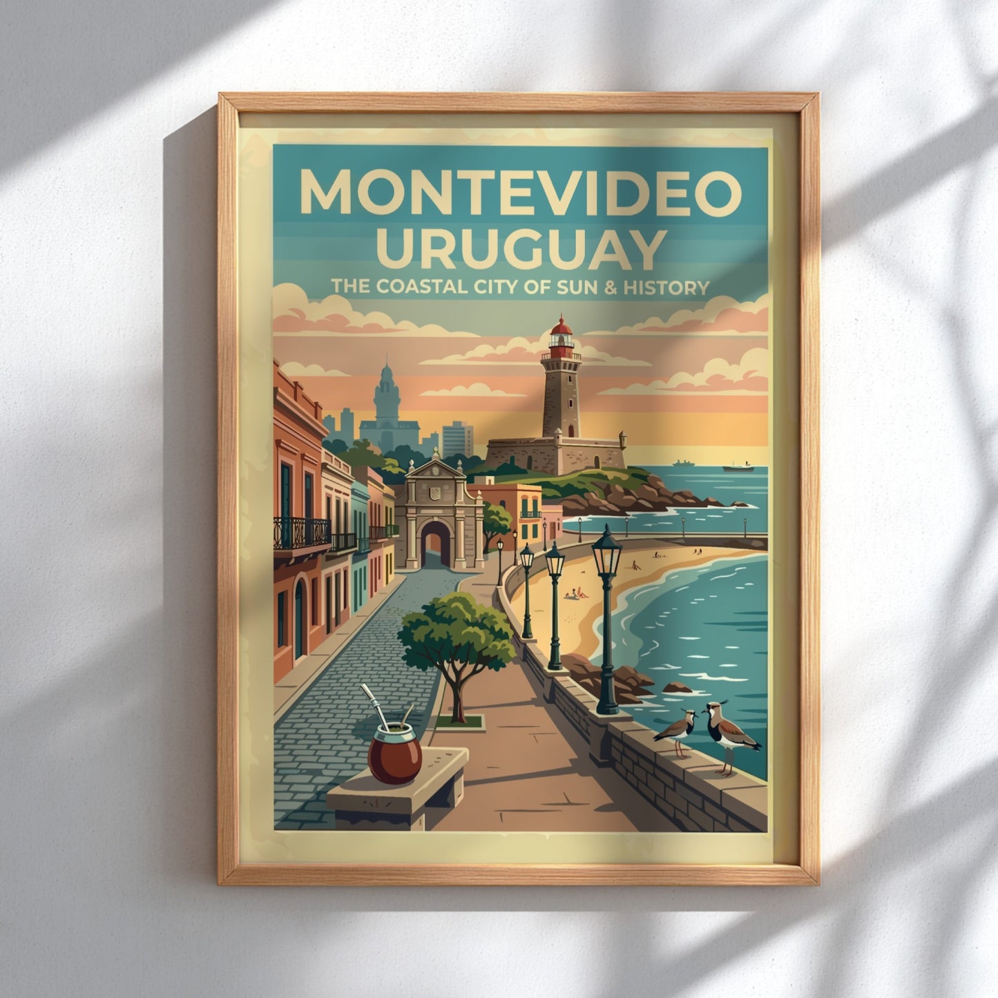 Montevideo Uruguay travel poster featuring a lighthouse, historic gate, and coastal promenade sunset.