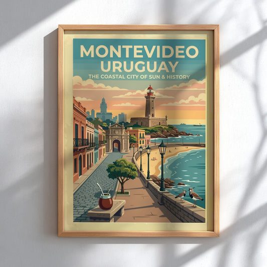 Montevideo Uruguay travel poster featuring a lighthouse, historic gate, and coastal promenade sunset.