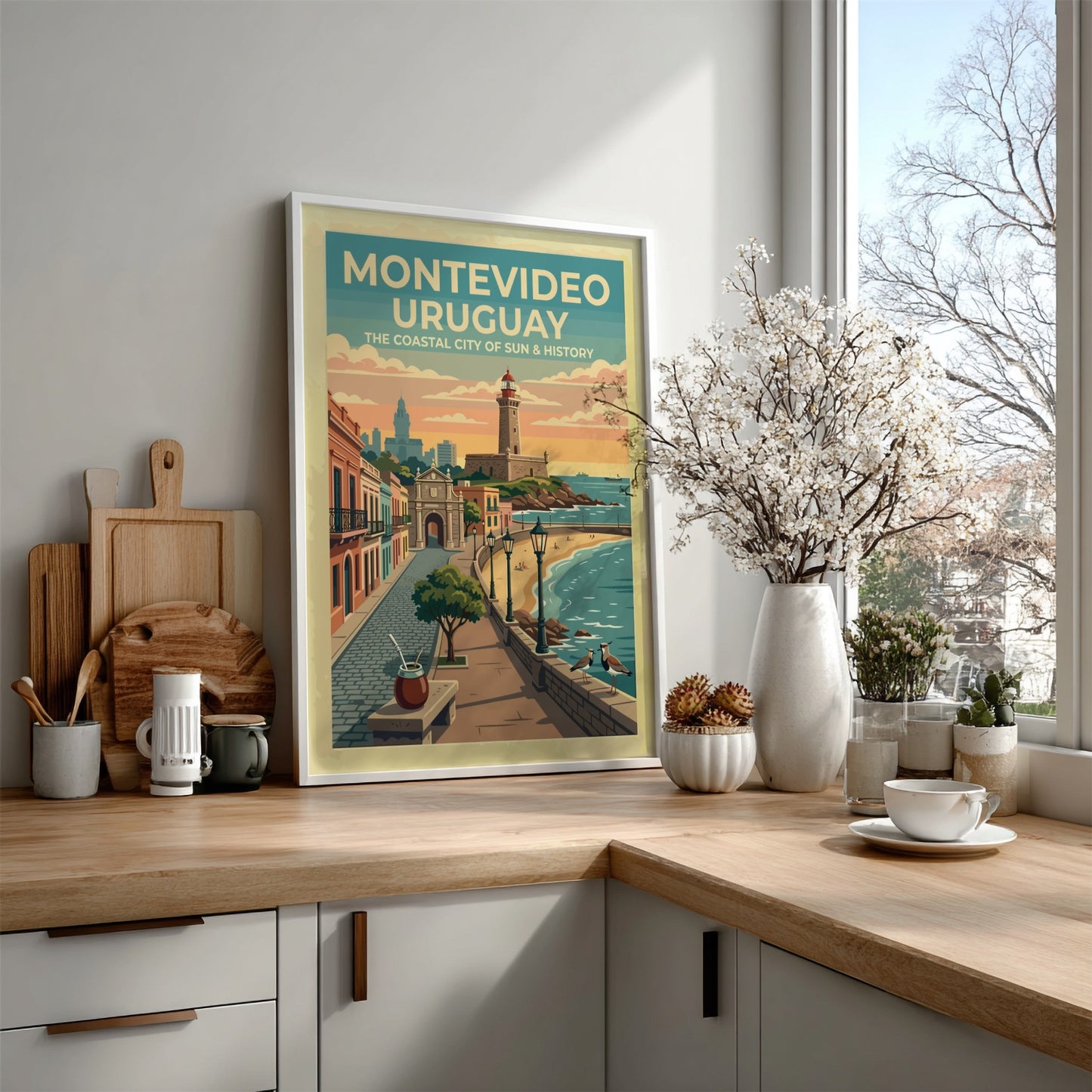 Montevideo Uruguay travel poster featuring a lighthouse, historic gate, and coastal promenade sunset.