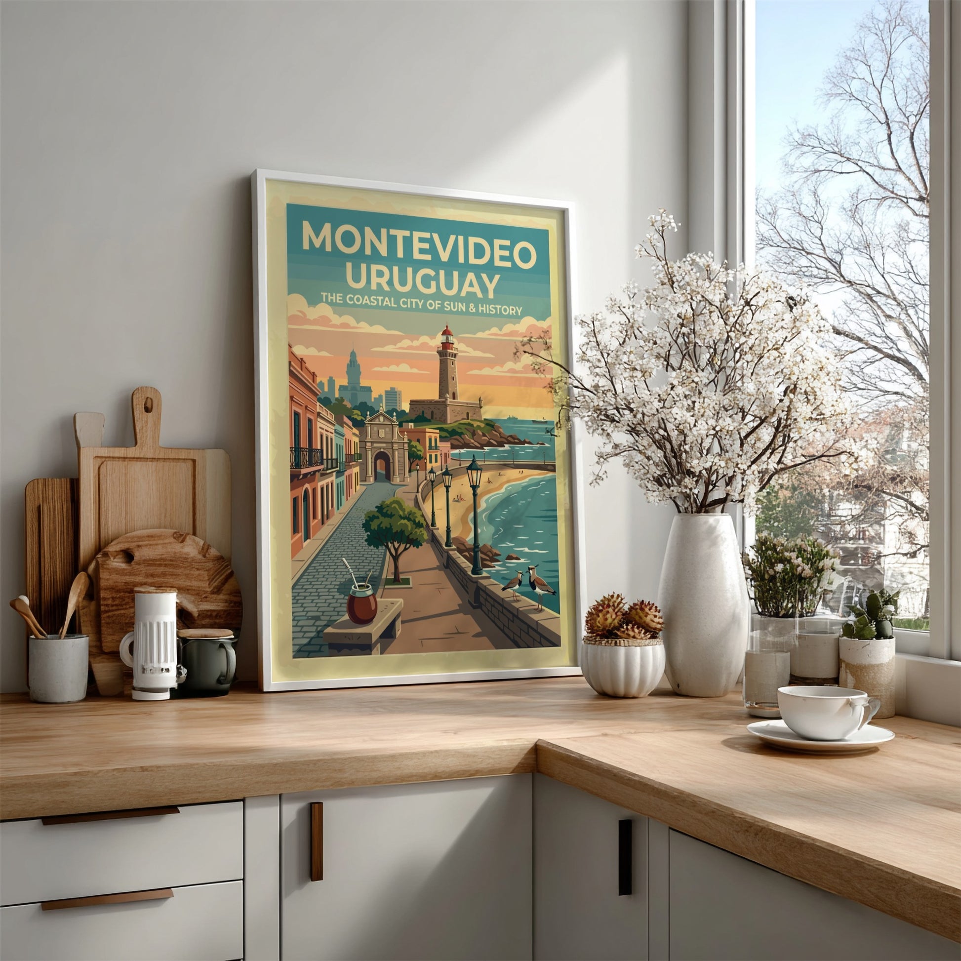 Montevideo Uruguay travel poster featuring a lighthouse, historic gate, and coastal promenade sunset.