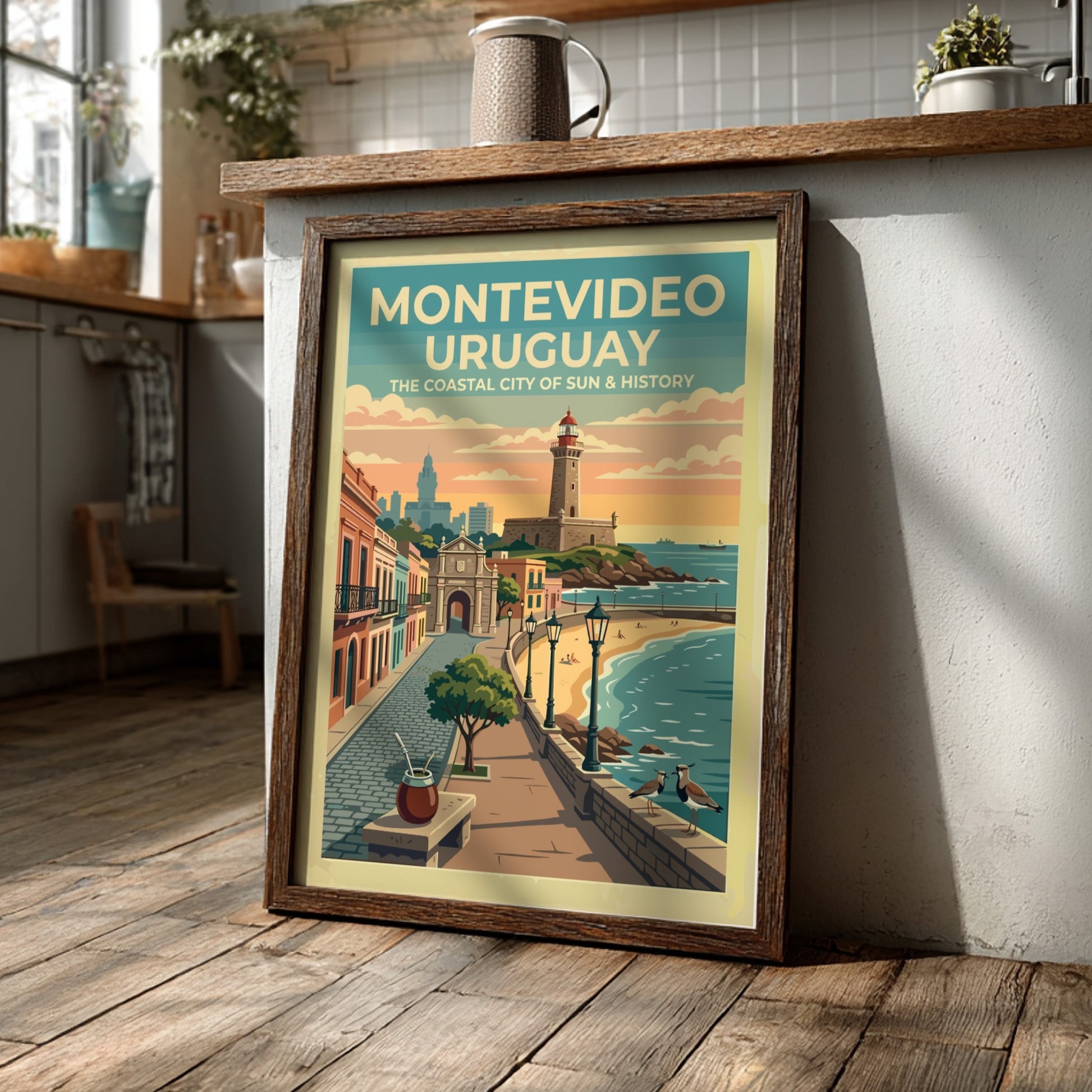Montevideo Uruguay travel poster featuring a lighthouse, historic gate, and coastal promenade sunset.