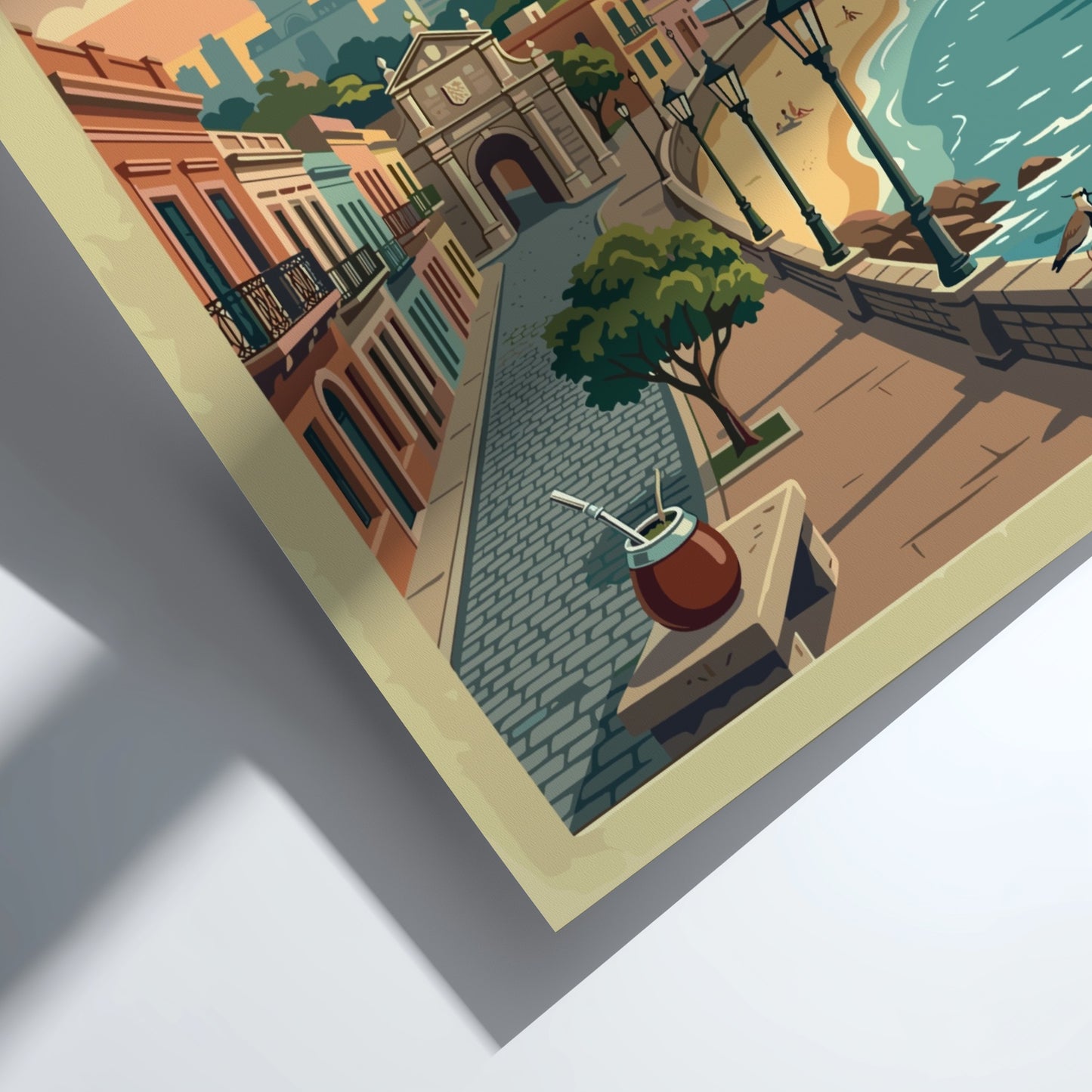 Montevideo Uruguay travel poster featuring a lighthouse, historic gate, and coastal promenade sunset.
