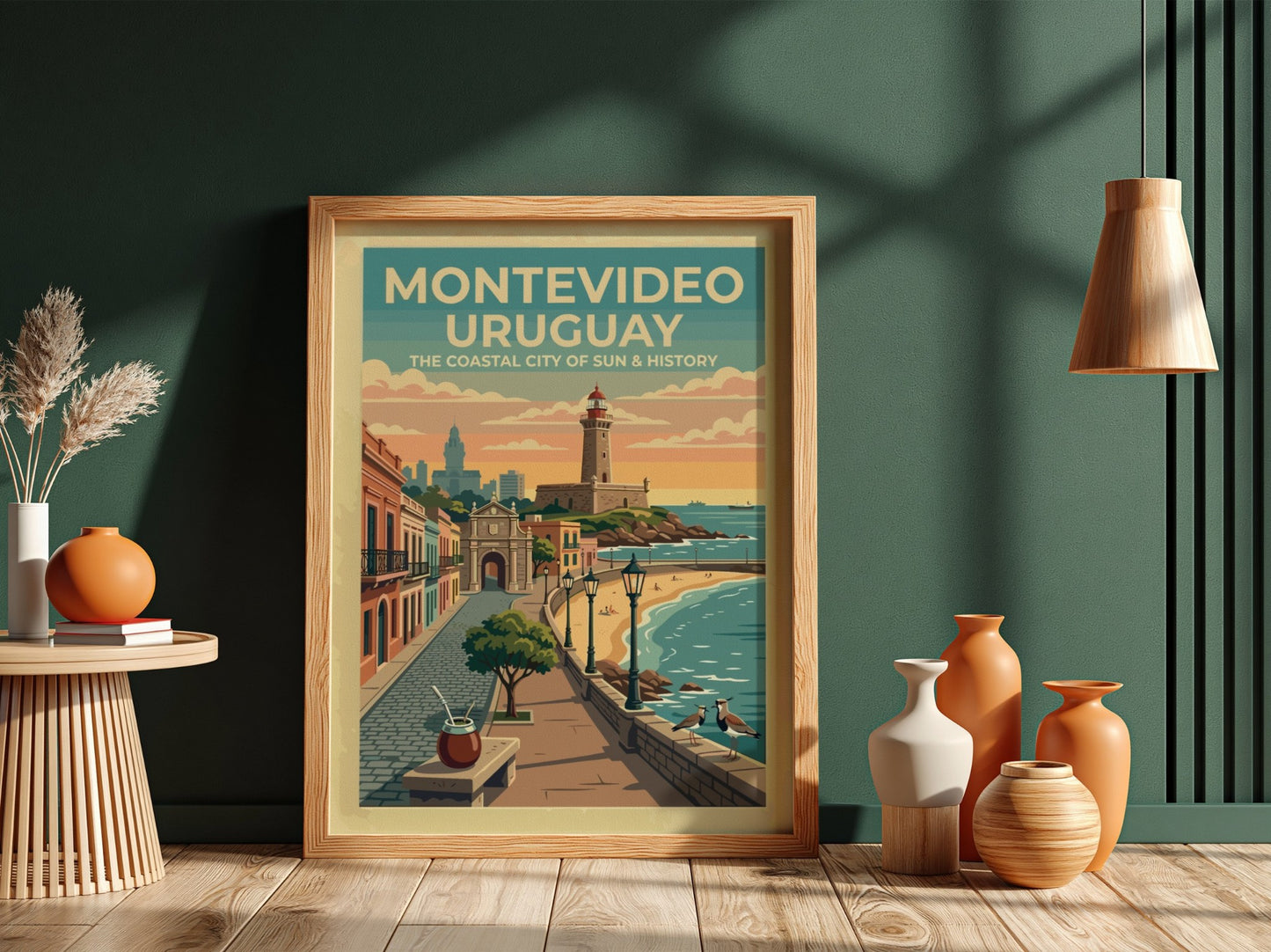 Montevideo Uruguay travel poster featuring a lighthouse, historic gate, and coastal promenade sunset.