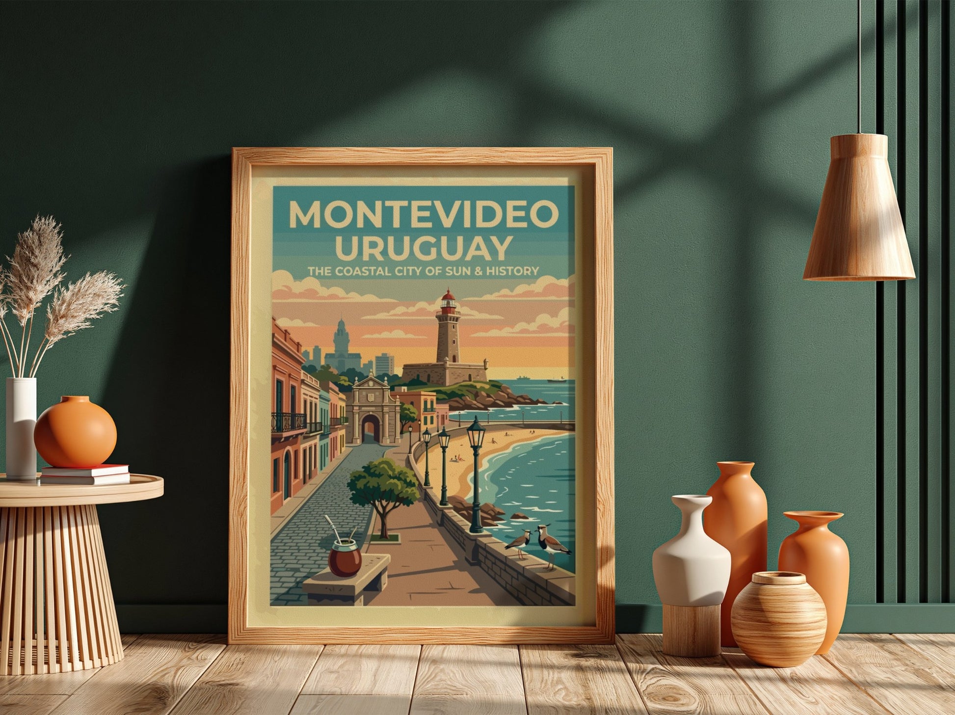Montevideo Uruguay travel poster featuring a lighthouse, historic gate, and coastal promenade sunset.