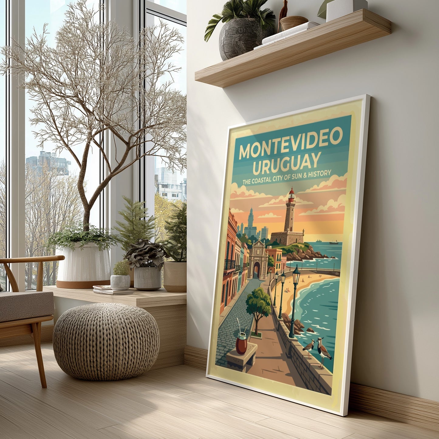Montevideo Uruguay travel poster featuring a lighthouse, historic gate, and coastal promenade sunset.