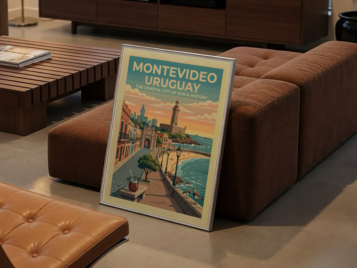 Montevideo Uruguay travel poster featuring a lighthouse, historic gate, and coastal promenade sunset.