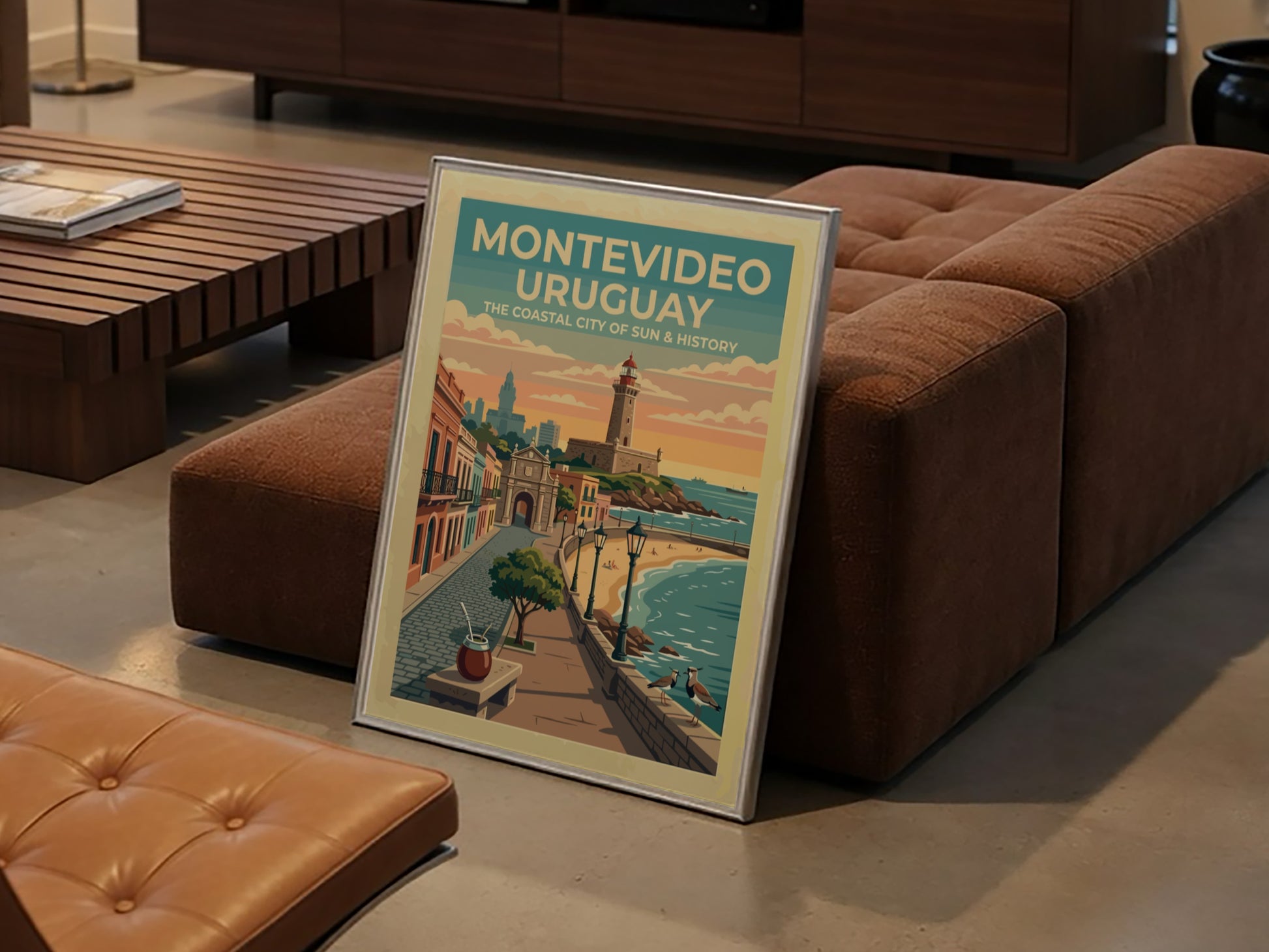 Montevideo Uruguay travel poster featuring a lighthouse, historic gate, and coastal promenade sunset.