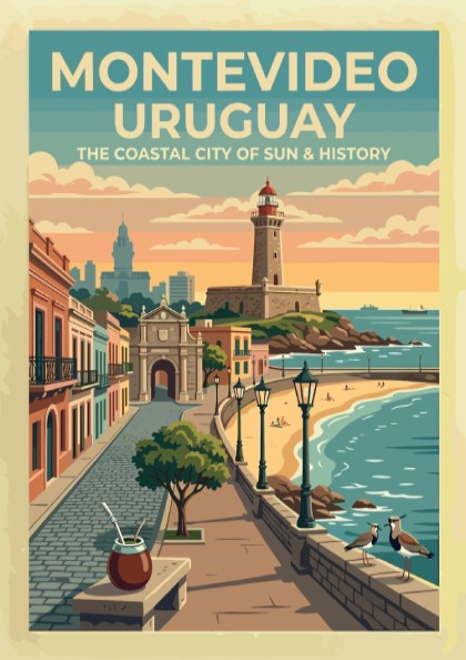 Montevideo Uruguay travel poster featuring a lighthouse, historic gate, and coastal promenade sunset.