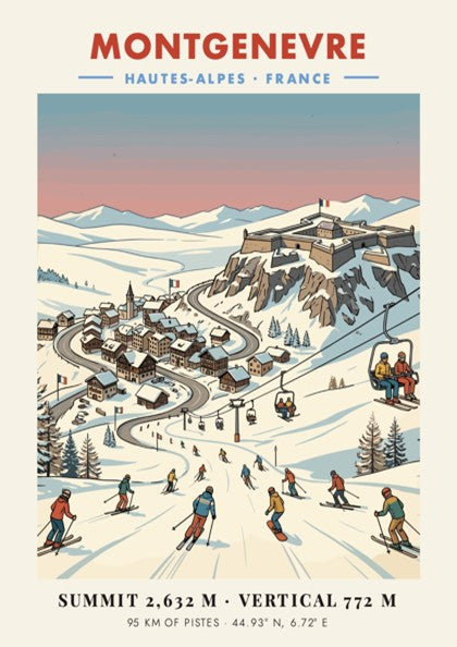 Poster of Montgenevre ski village with a fortress, snowy mountains, and skiers descending.