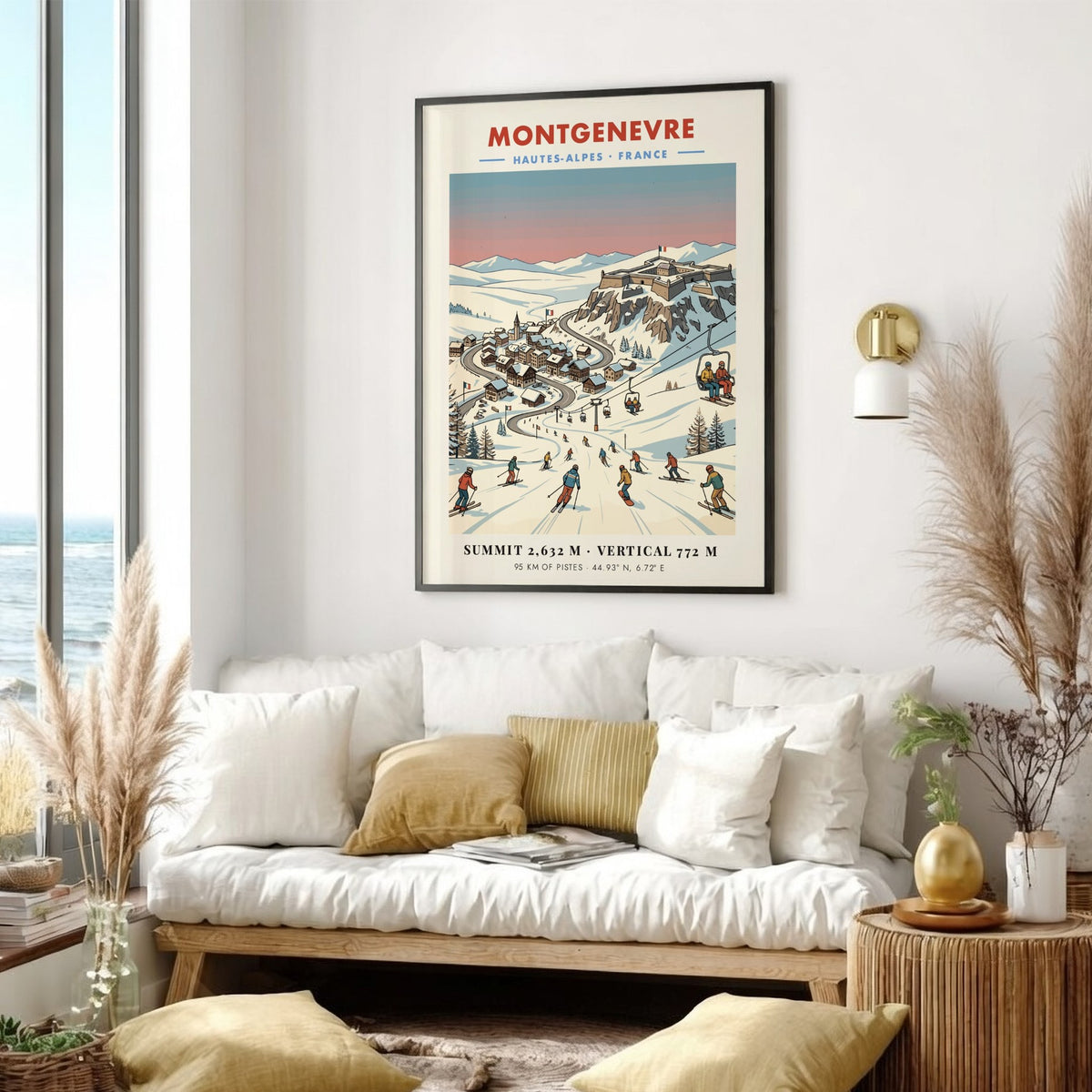 Poster of Montgenevre ski village with a fortress, snowy mountains, and skiers descending.