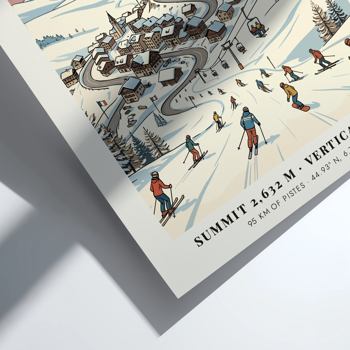 Poster of Montgenevre ski village with a fortress, snowy mountains, and skiers descending.