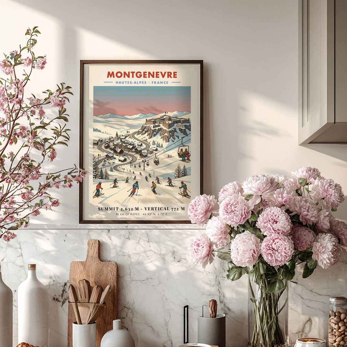 Poster of Montgenevre ski village with a fortress, snowy mountains, and skiers descending.