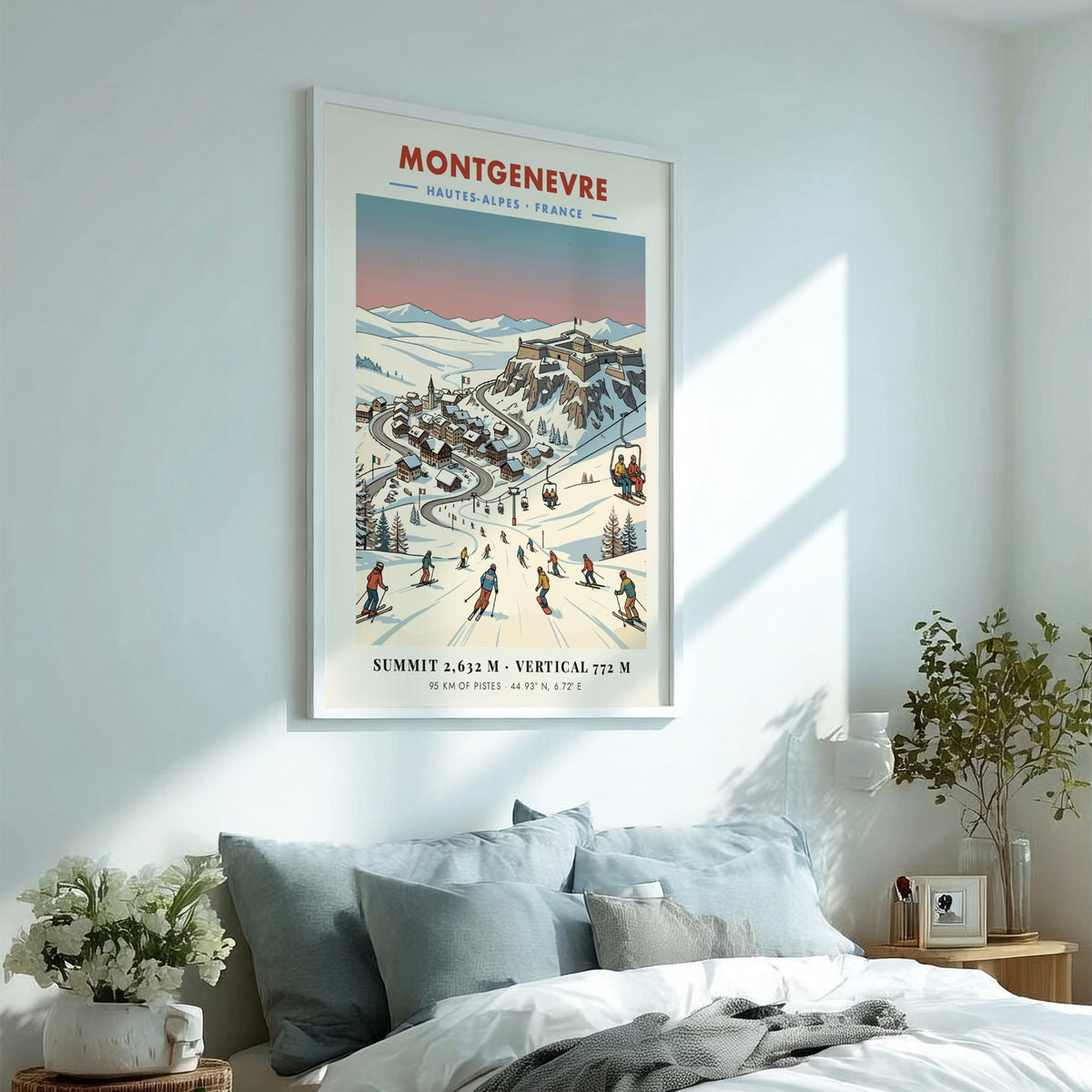 Poster of Montgenevre ski village with a fortress, snowy mountains, and skiers descending.