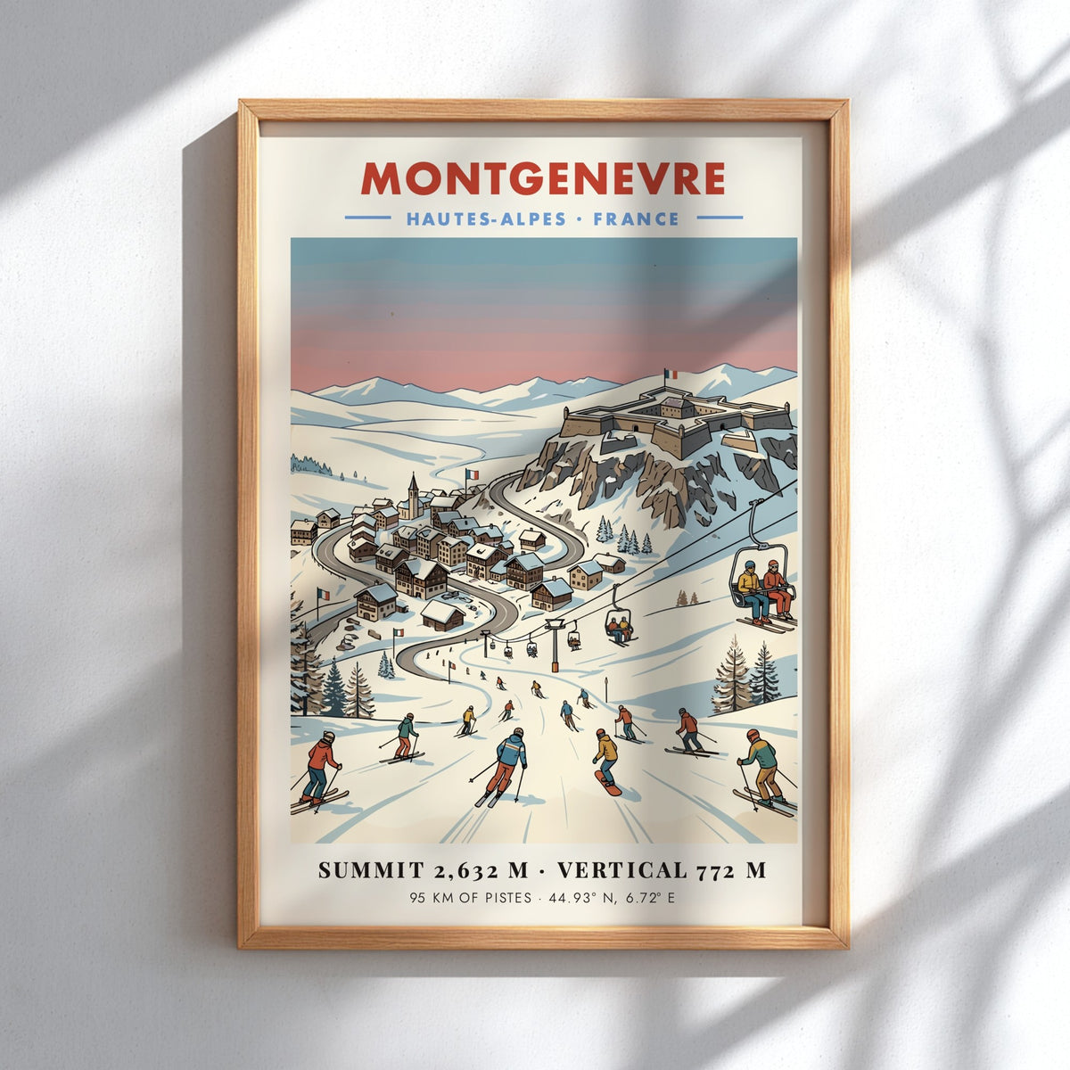 Poster of Montgenevre ski village with a fortress, snowy mountains, and skiers descending.
