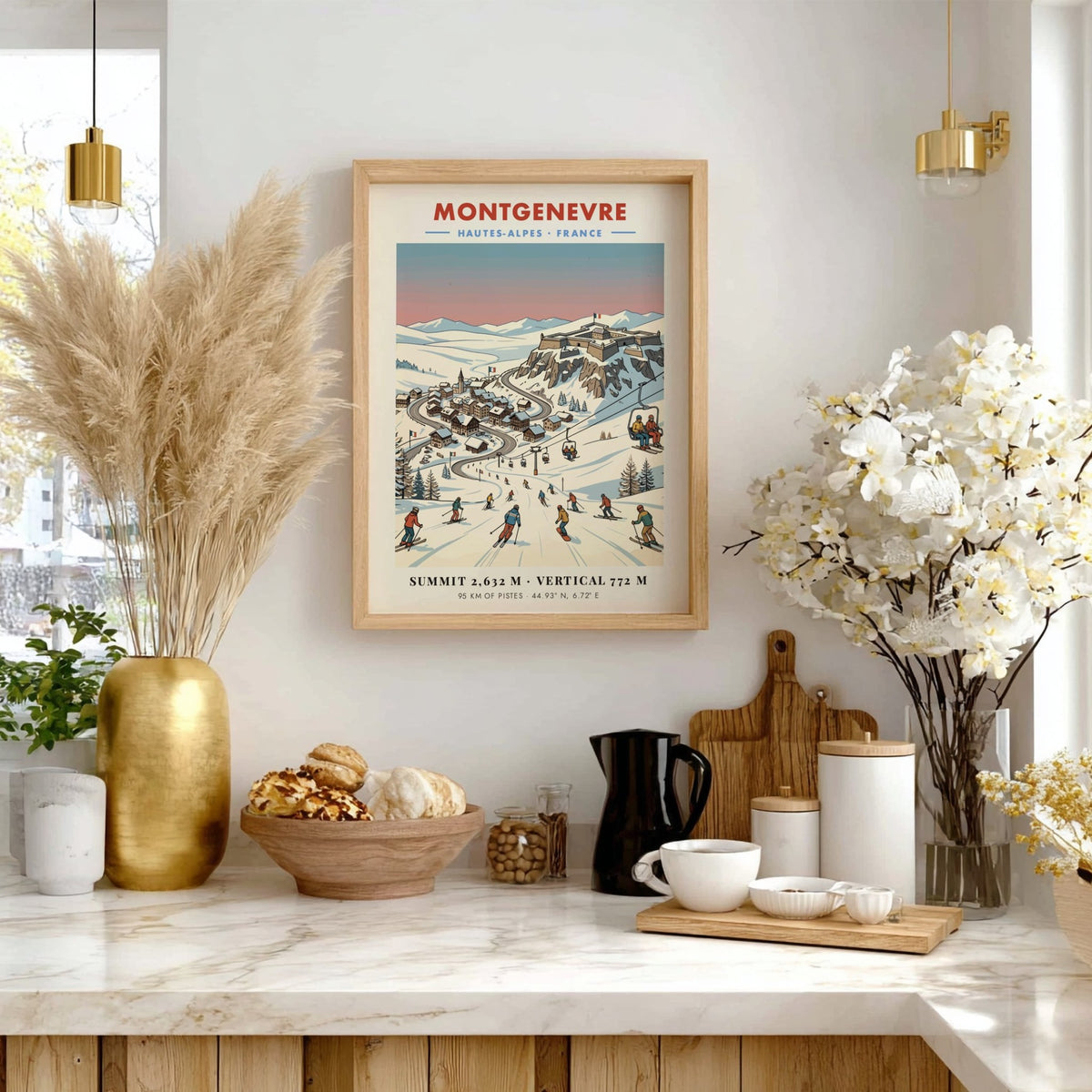 Poster of Montgenevre ski village with a fortress, snowy mountains, and skiers descending.