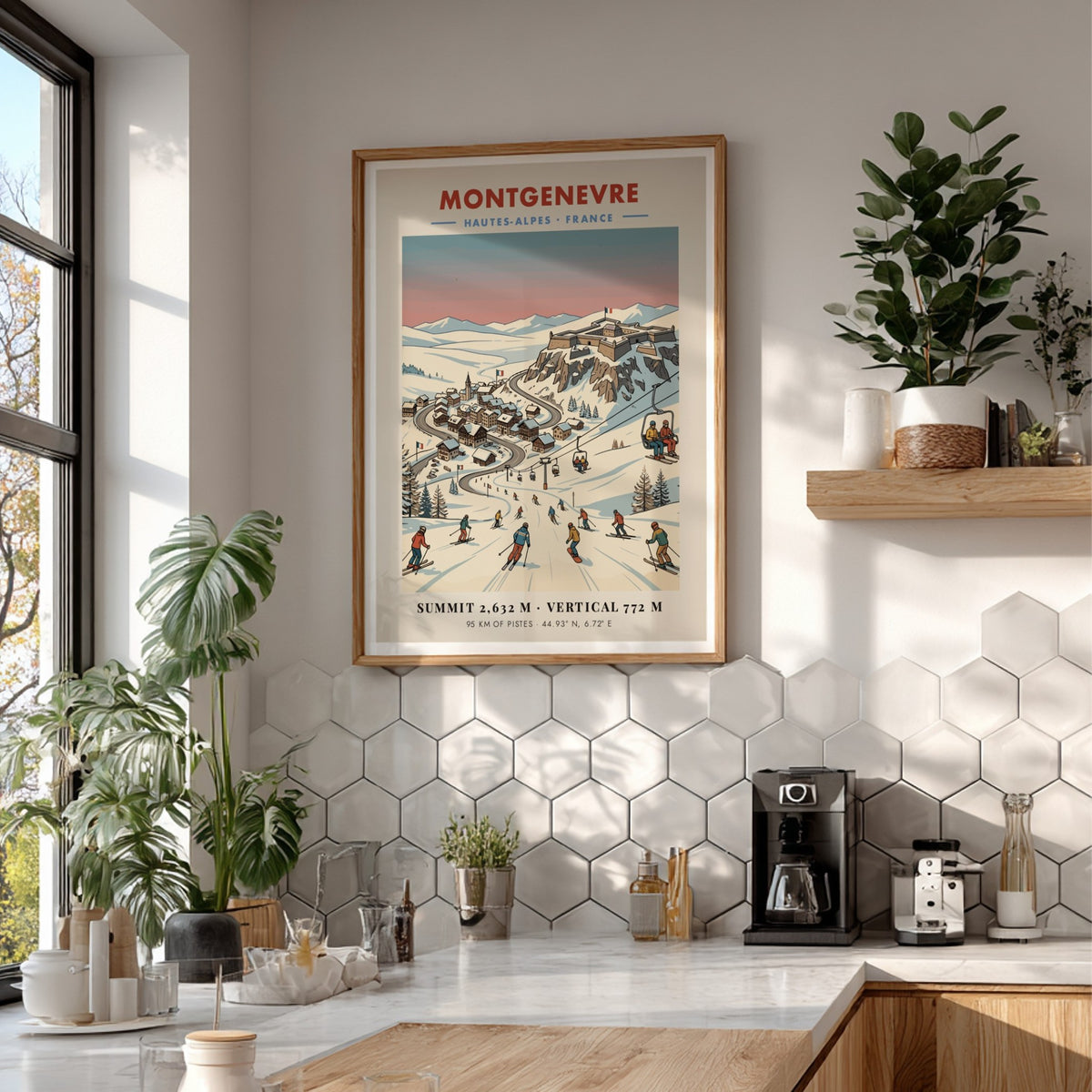 Poster of Montgenevre ski village with a fortress, snowy mountains, and skiers descending.
