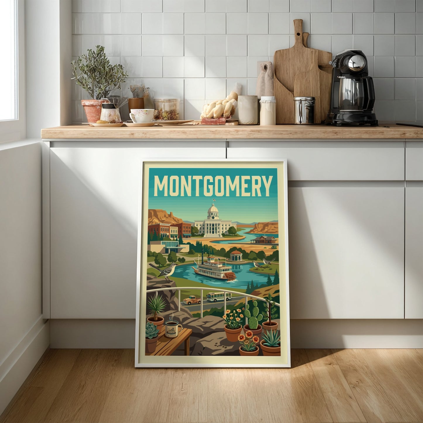 Montgomery cityscape poster in a retro illustration style, featuring the state capitol and a steamboat.