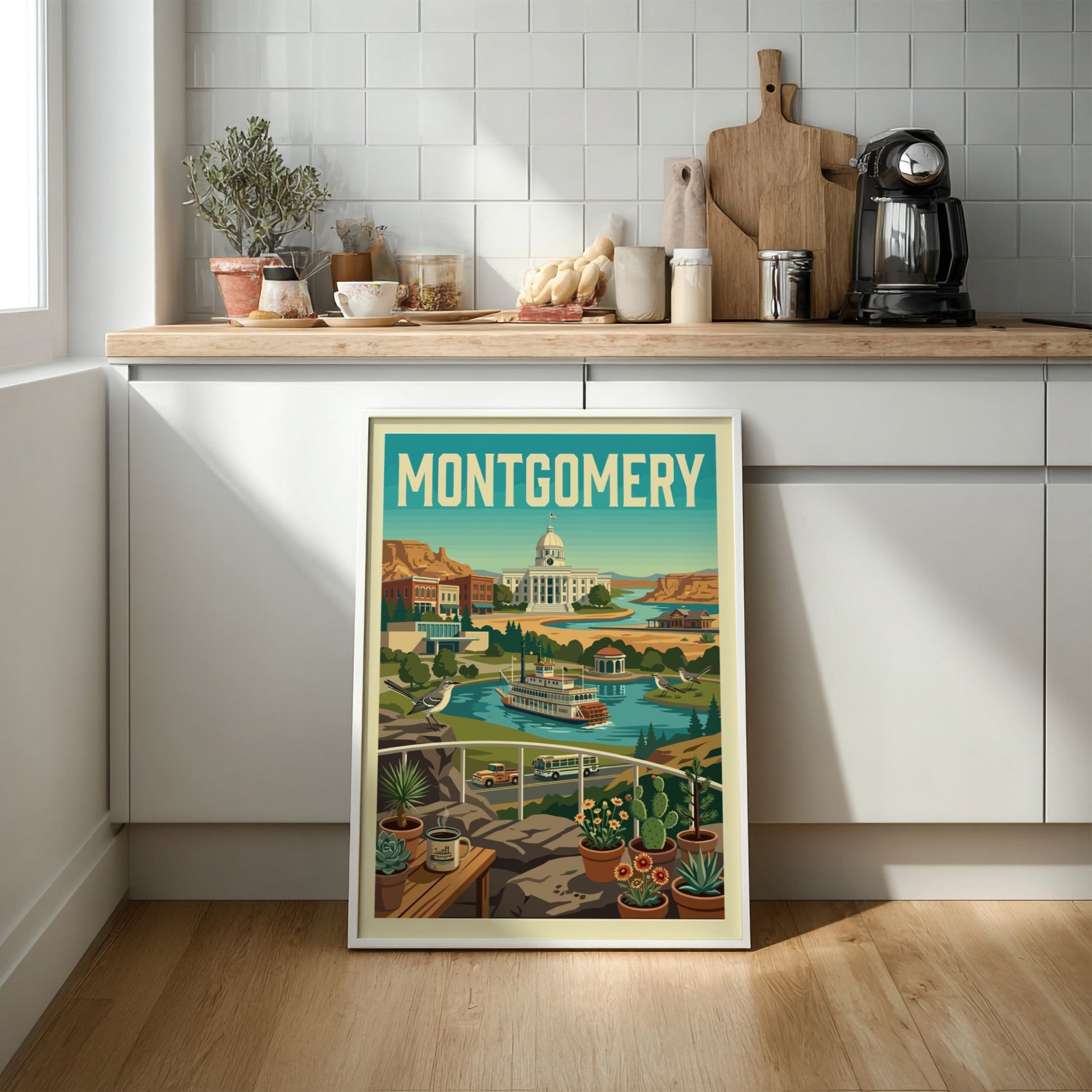 Montgomery cityscape poster in a retro illustration style, featuring the state capitol and a steamboat.