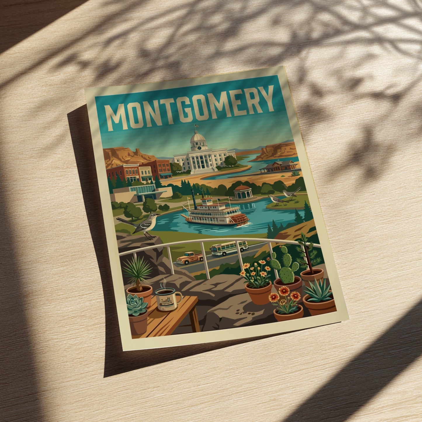 Montgomery cityscape poster in a retro illustration style, featuring the state capitol and a steamboat.