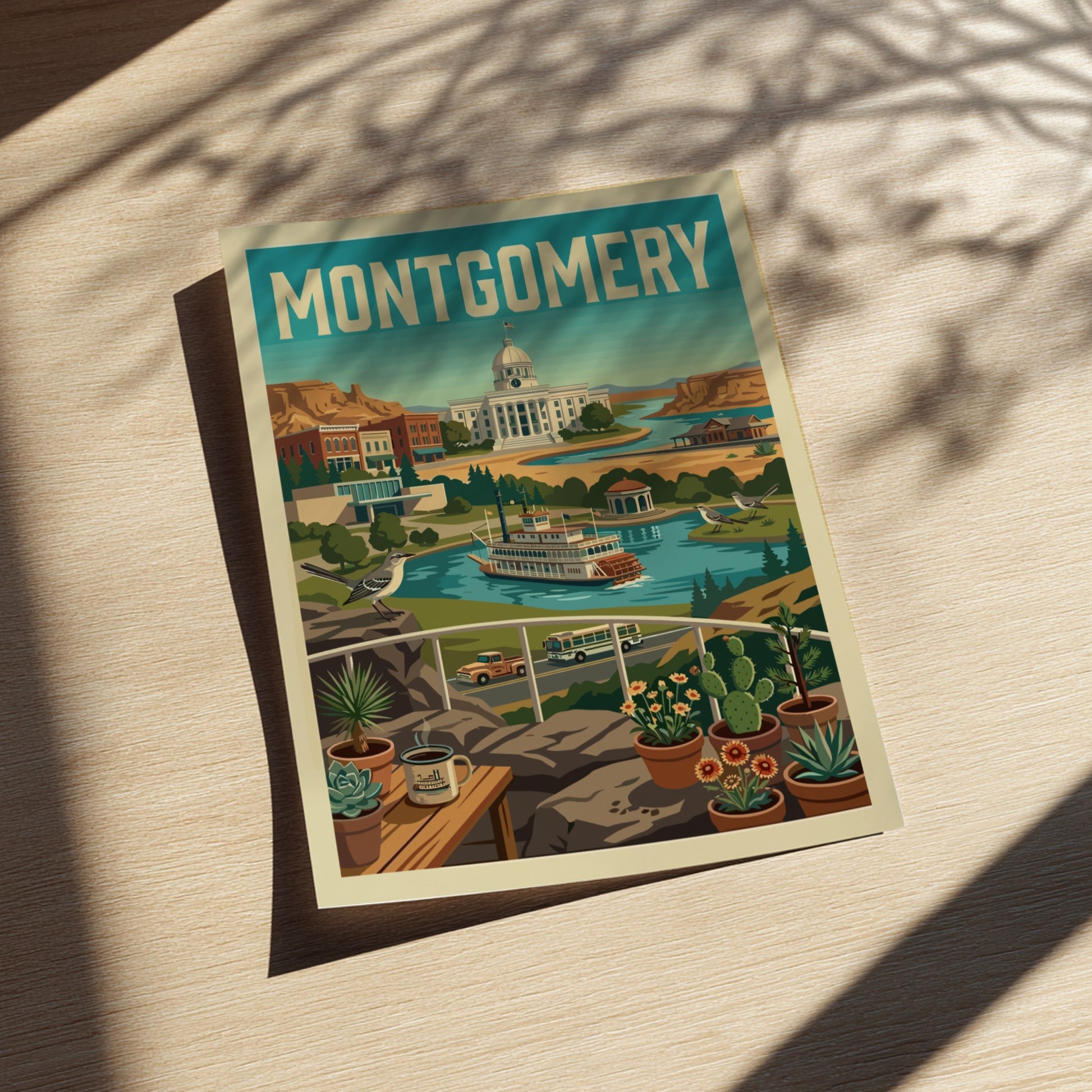 Montgomery cityscape poster in a retro illustration style, featuring the state capitol and a steamboat.