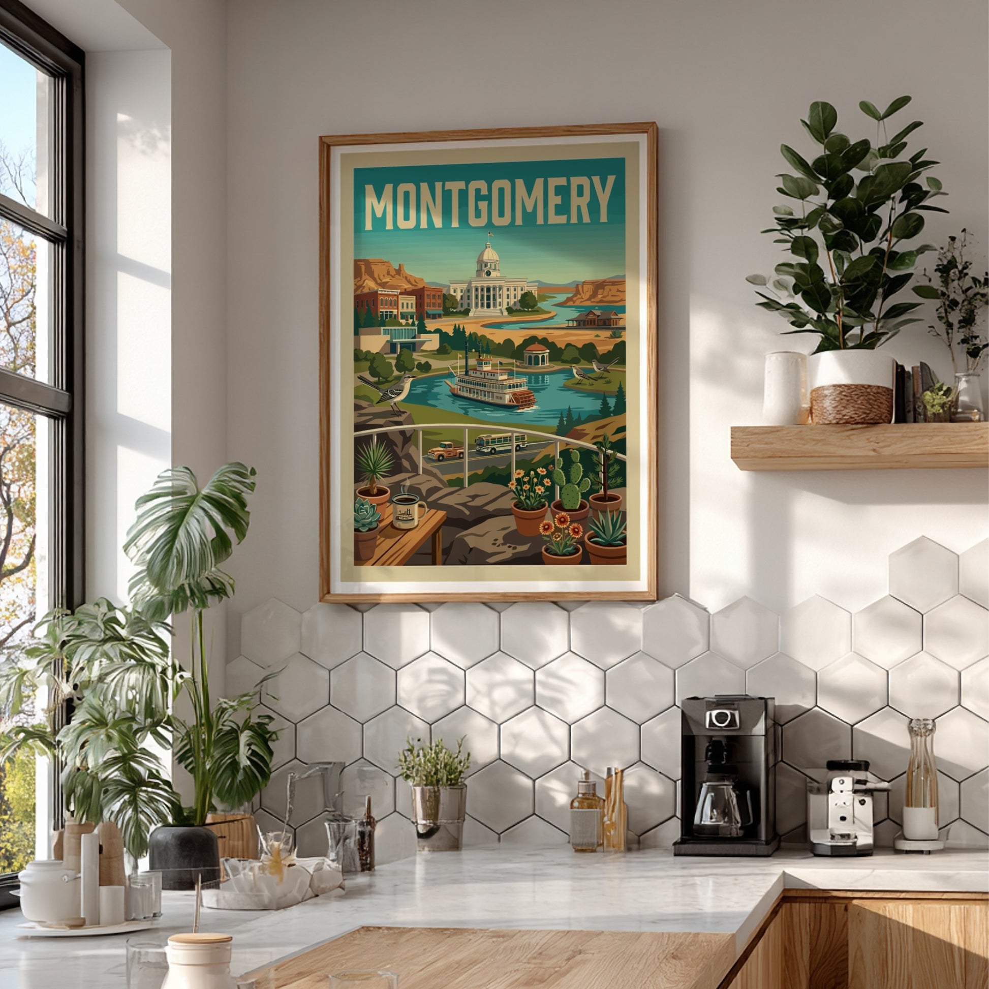 Montgomery cityscape poster in a retro illustration style, featuring the state capitol and a steamboat.