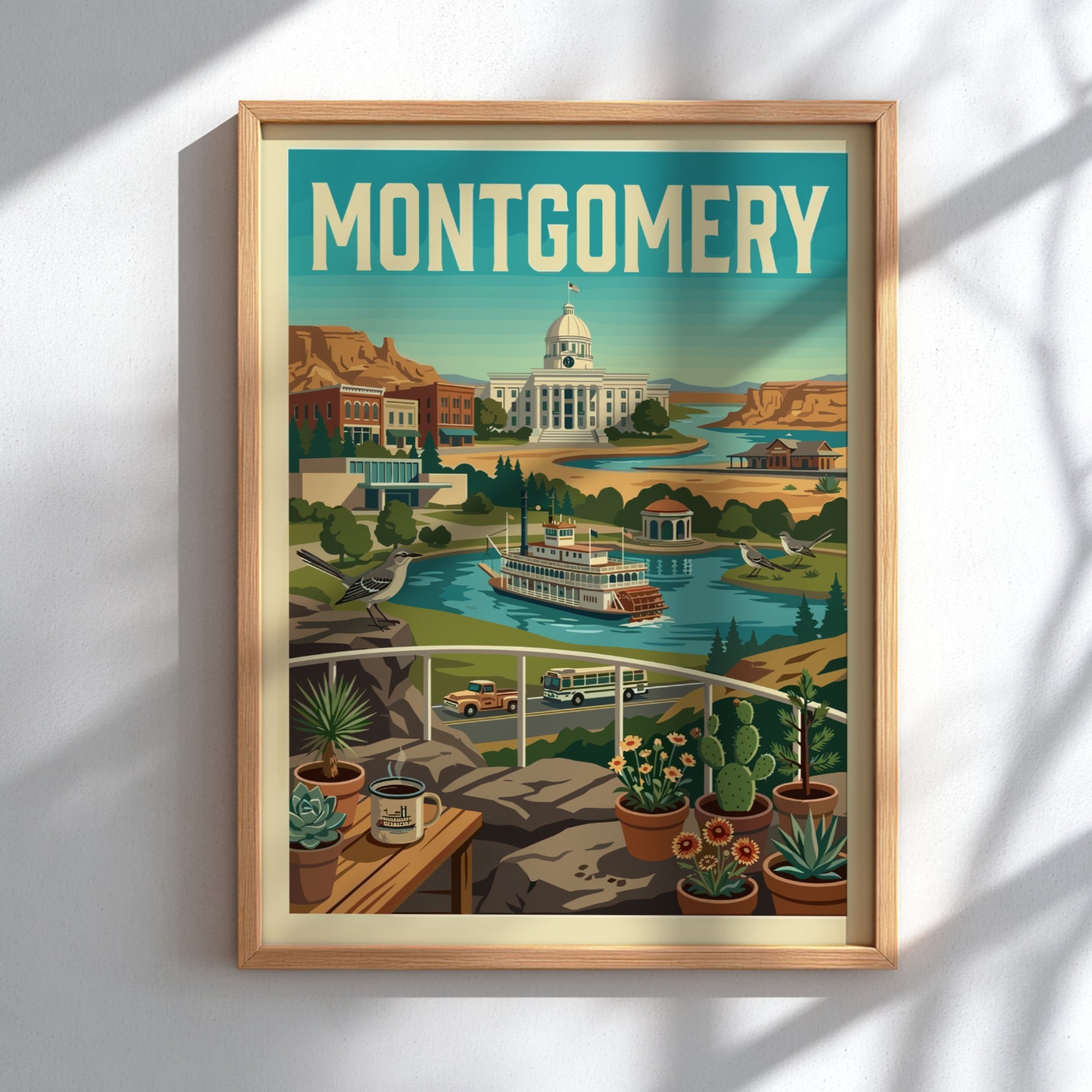 Montgomery cityscape poster in a retro illustration style, featuring the state capitol and a steamboat.