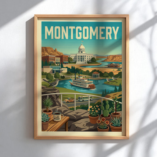 Montgomery cityscape poster in a retro illustration style, featuring the state capitol and a steamboat.