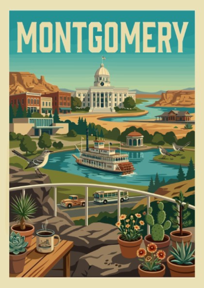 Montgomery cityscape poster in a retro illustration style, featuring the state capitol and a steamboat.