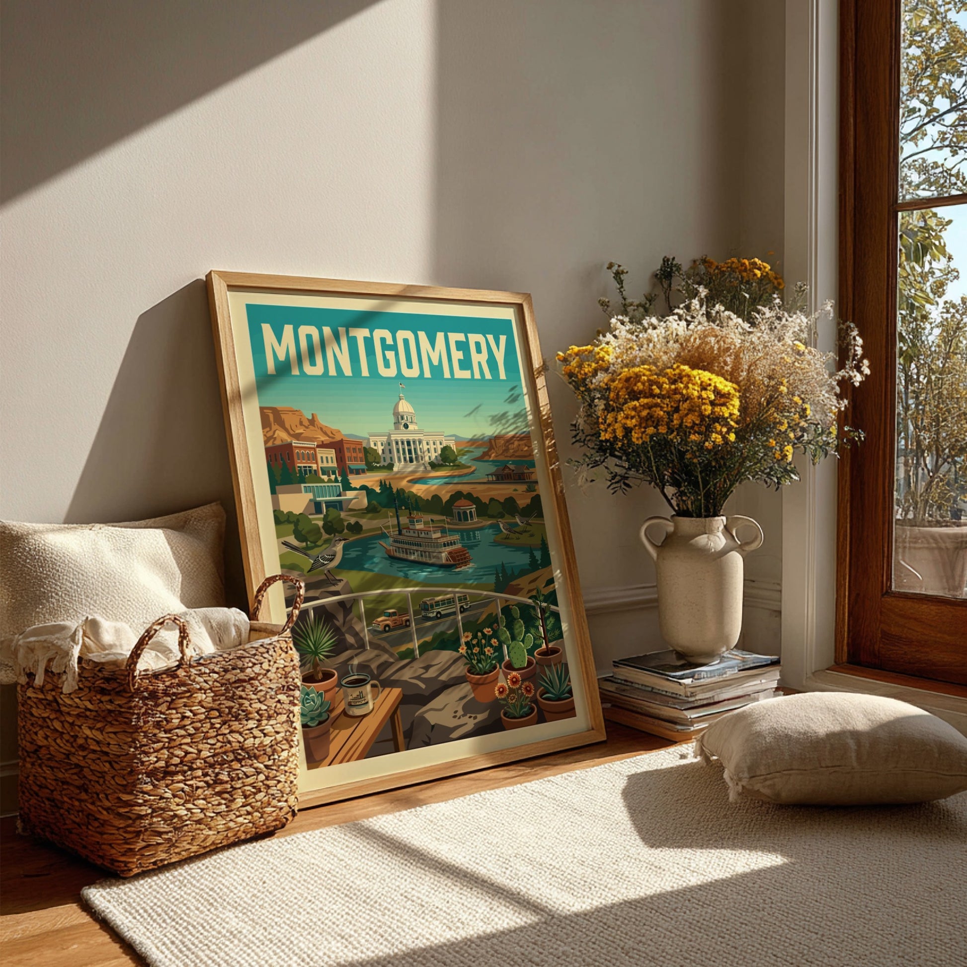 Montgomery cityscape poster in a retro illustration style, featuring the state capitol and a steamboat.