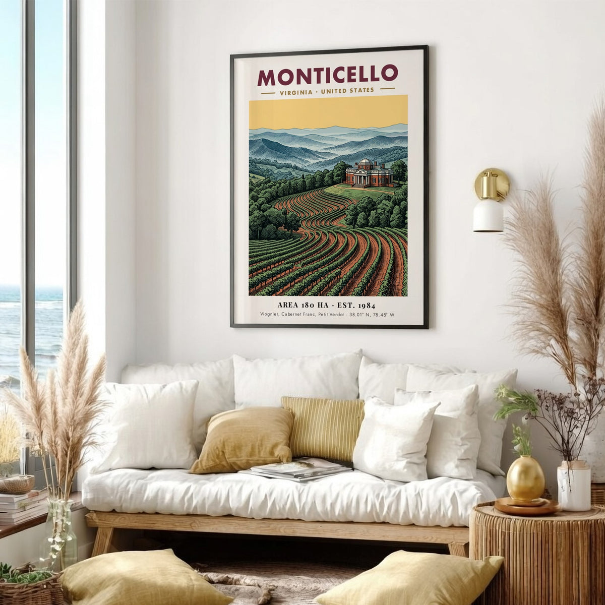 Poster of the Monticello estate in Virginia surrounded by lush, rolling vineyard rows.