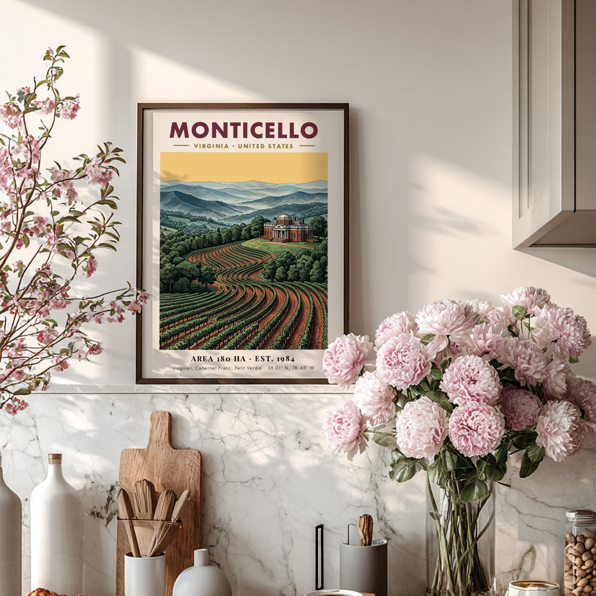 Poster of the Monticello estate in Virginia surrounded by lush, rolling vineyard rows.