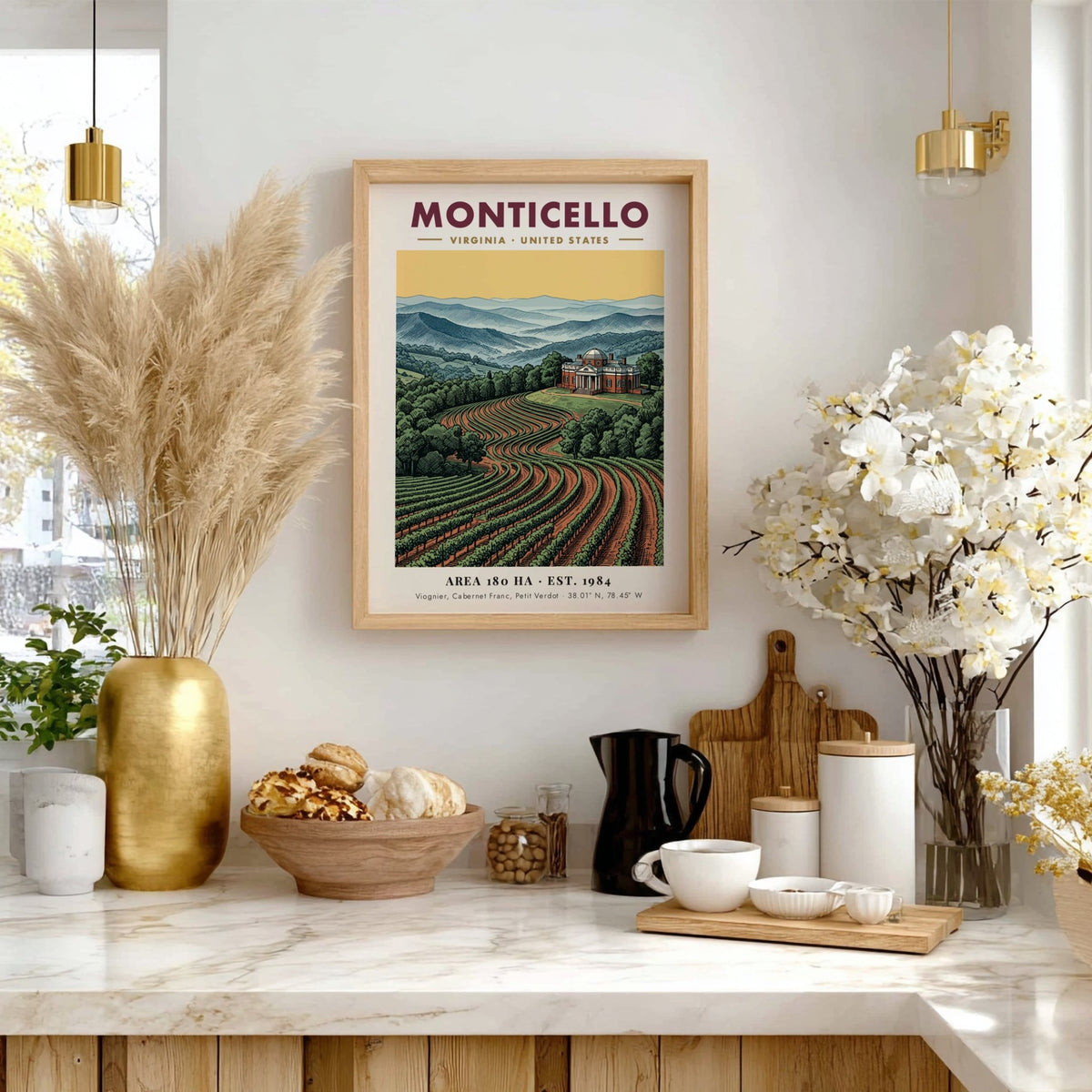 Poster of the Monticello estate in Virginia surrounded by lush, rolling vineyard rows.