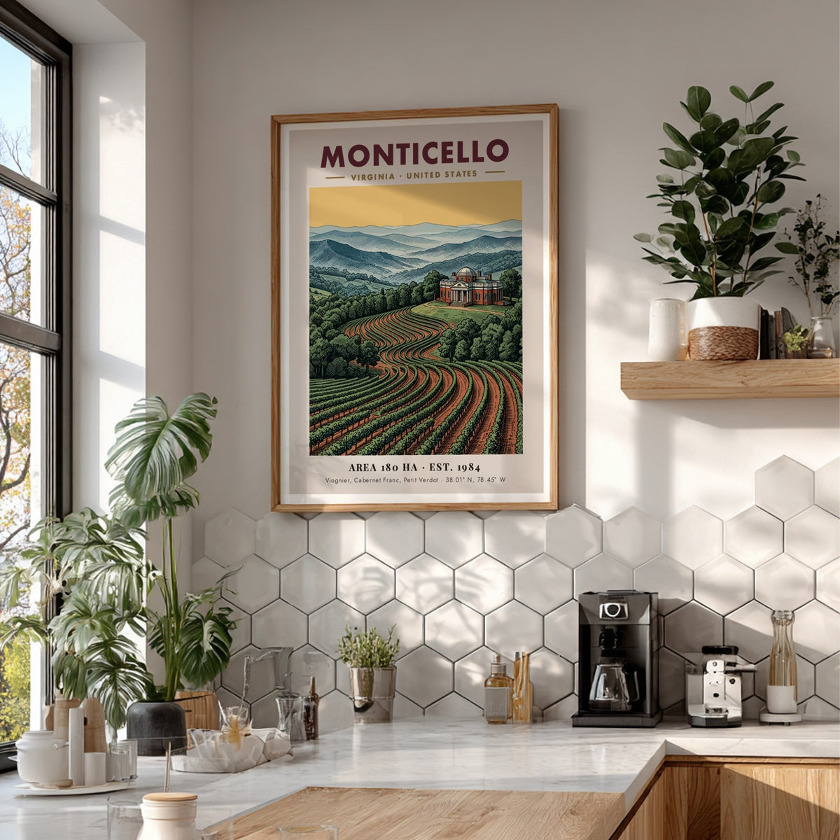 Poster of the Monticello estate in Virginia surrounded by lush, rolling vineyard rows.